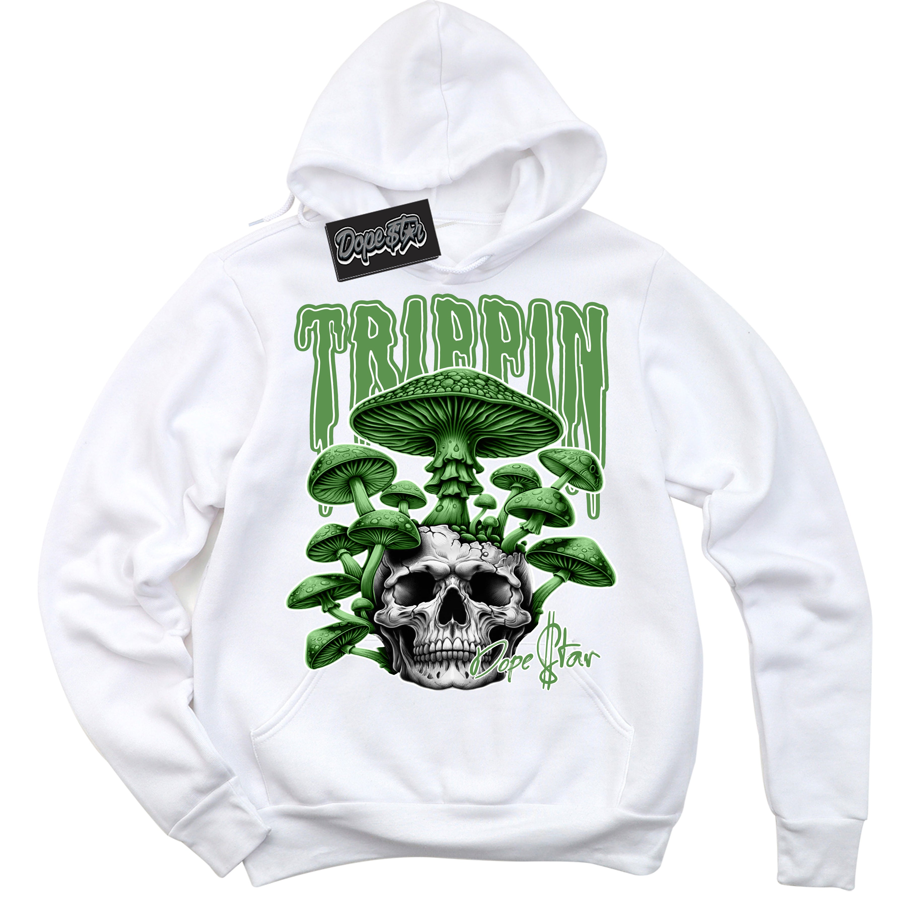 Cool White Hoodie with “Trippin” design that Perfectly Matches Chlorophyll 1s Sneakers.