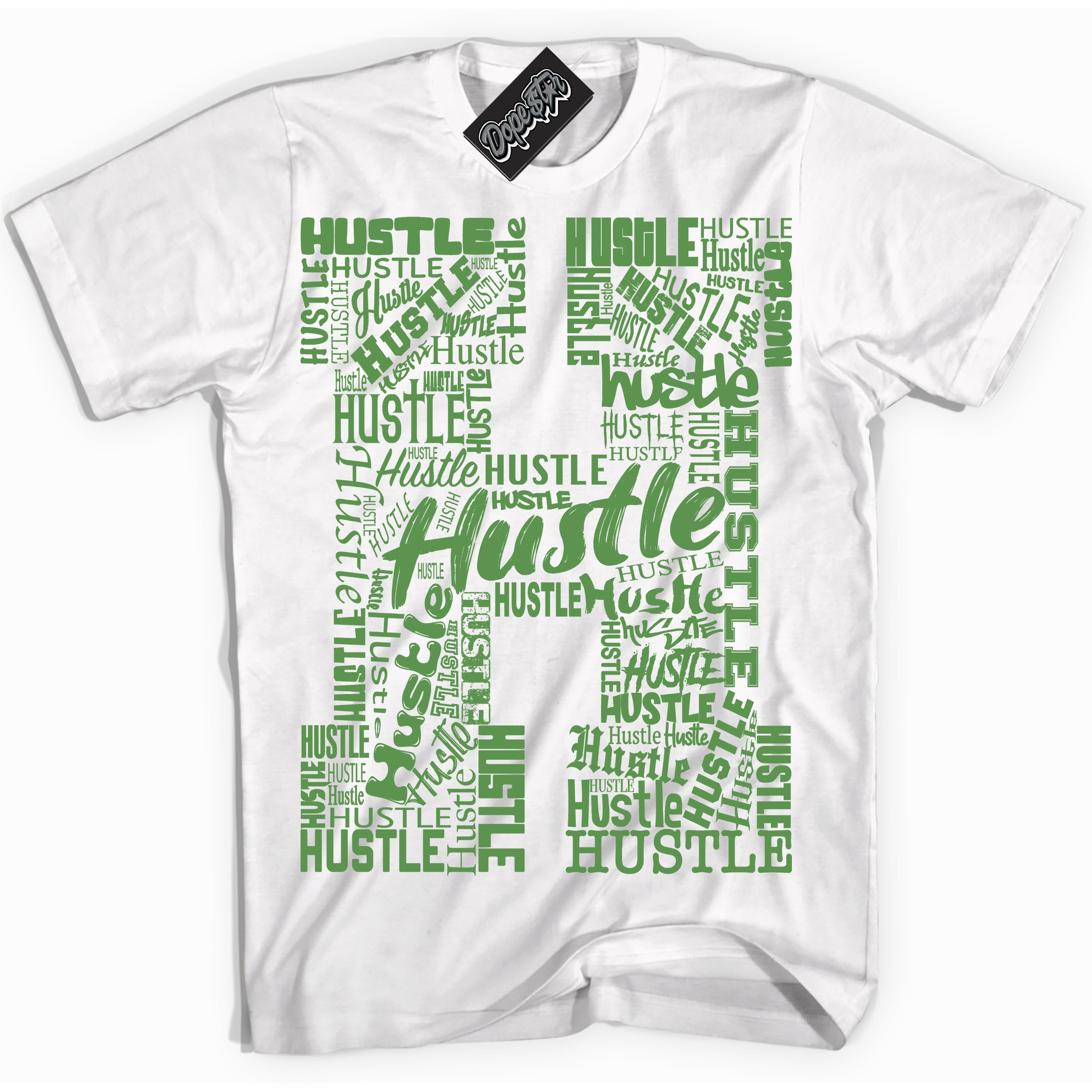 Cool White Shirt with “ Hustle H ” design that perfectly matches Chlorophyll 1s Jordans.
