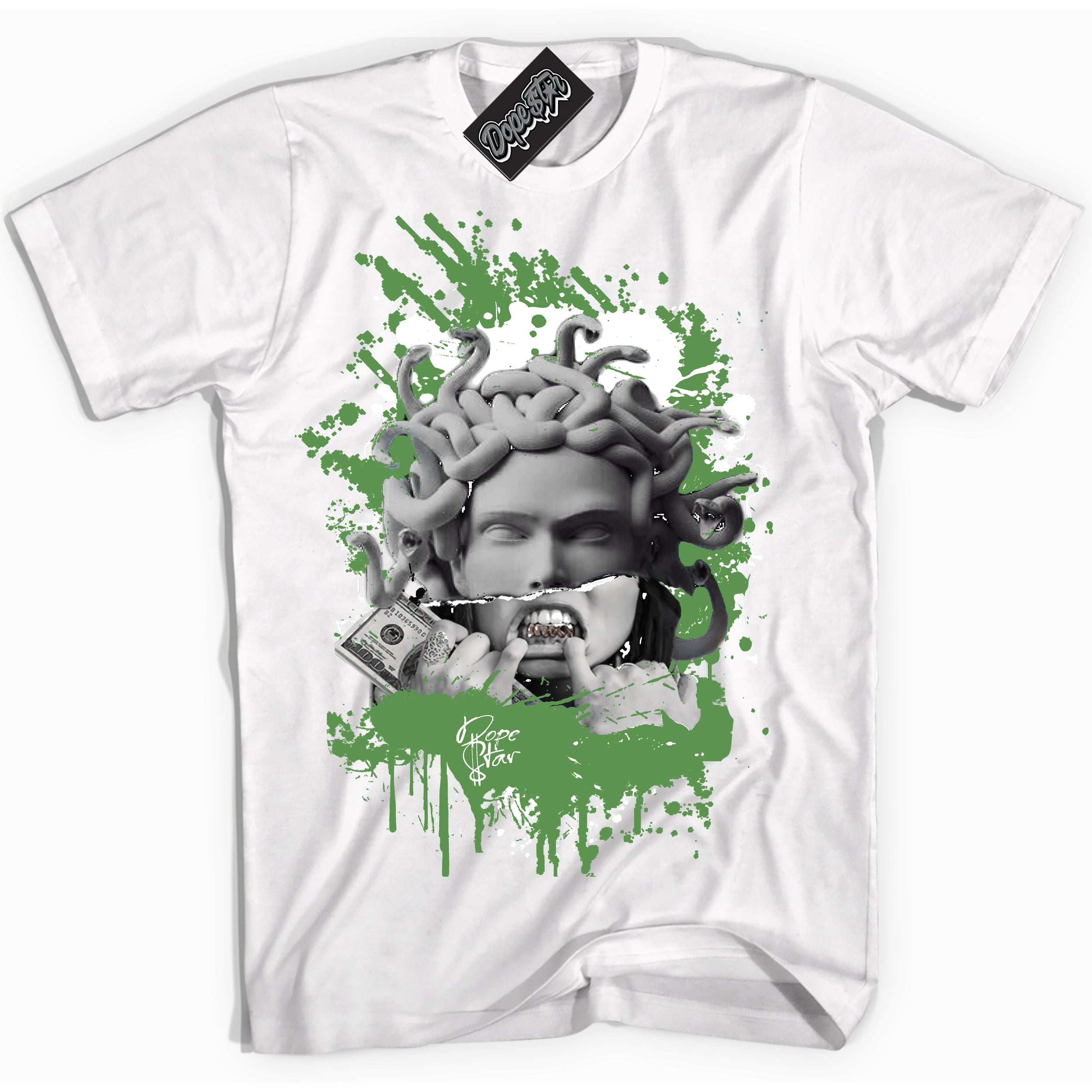 Cool White Shirt with “ Medusa ” design that perfectly matches Chlorophyll 1s Jordans.
