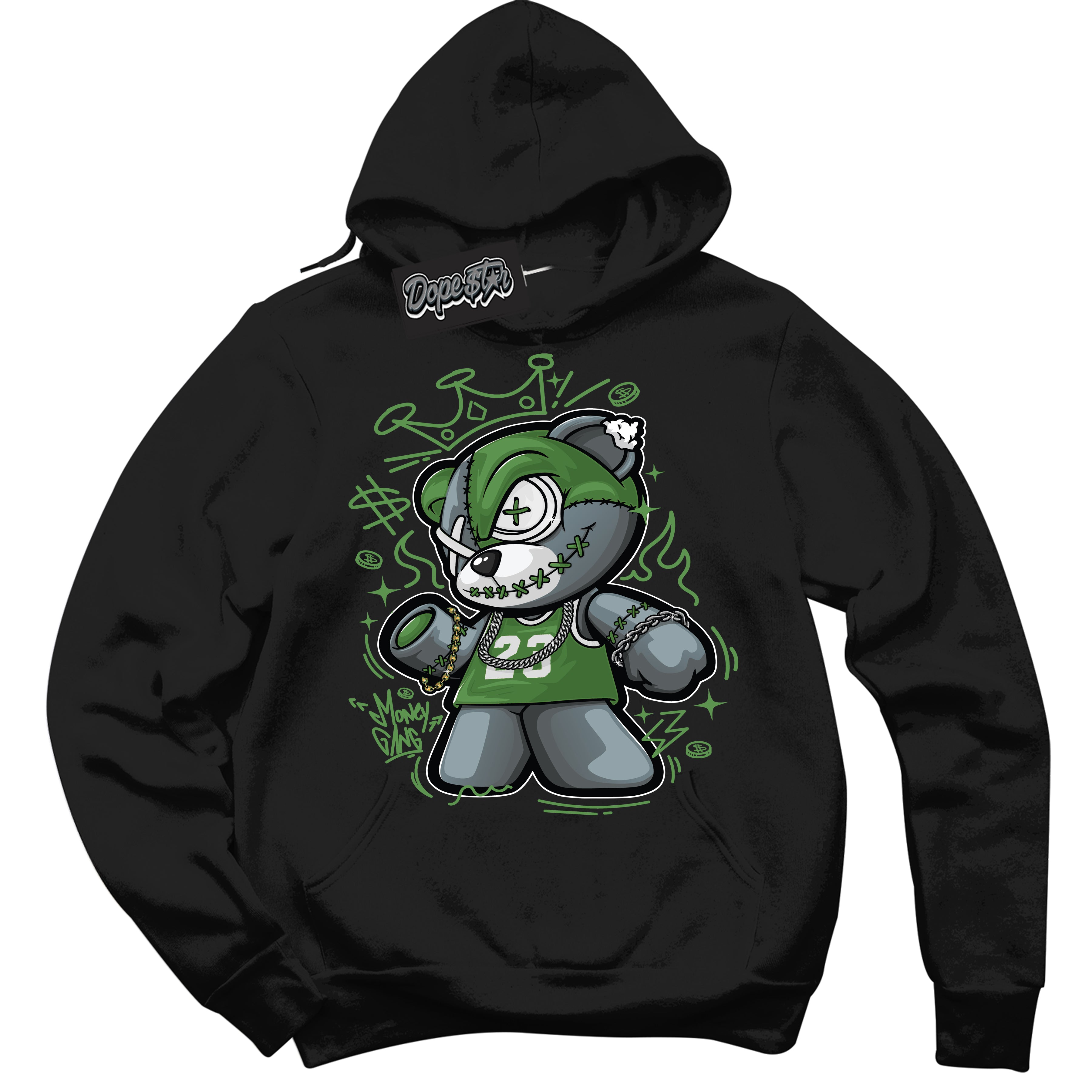 Cool Black Hoodie with “ Money Gang Bear ”  design that Perfectly Matches Chlorophyll 1s Jordans.
