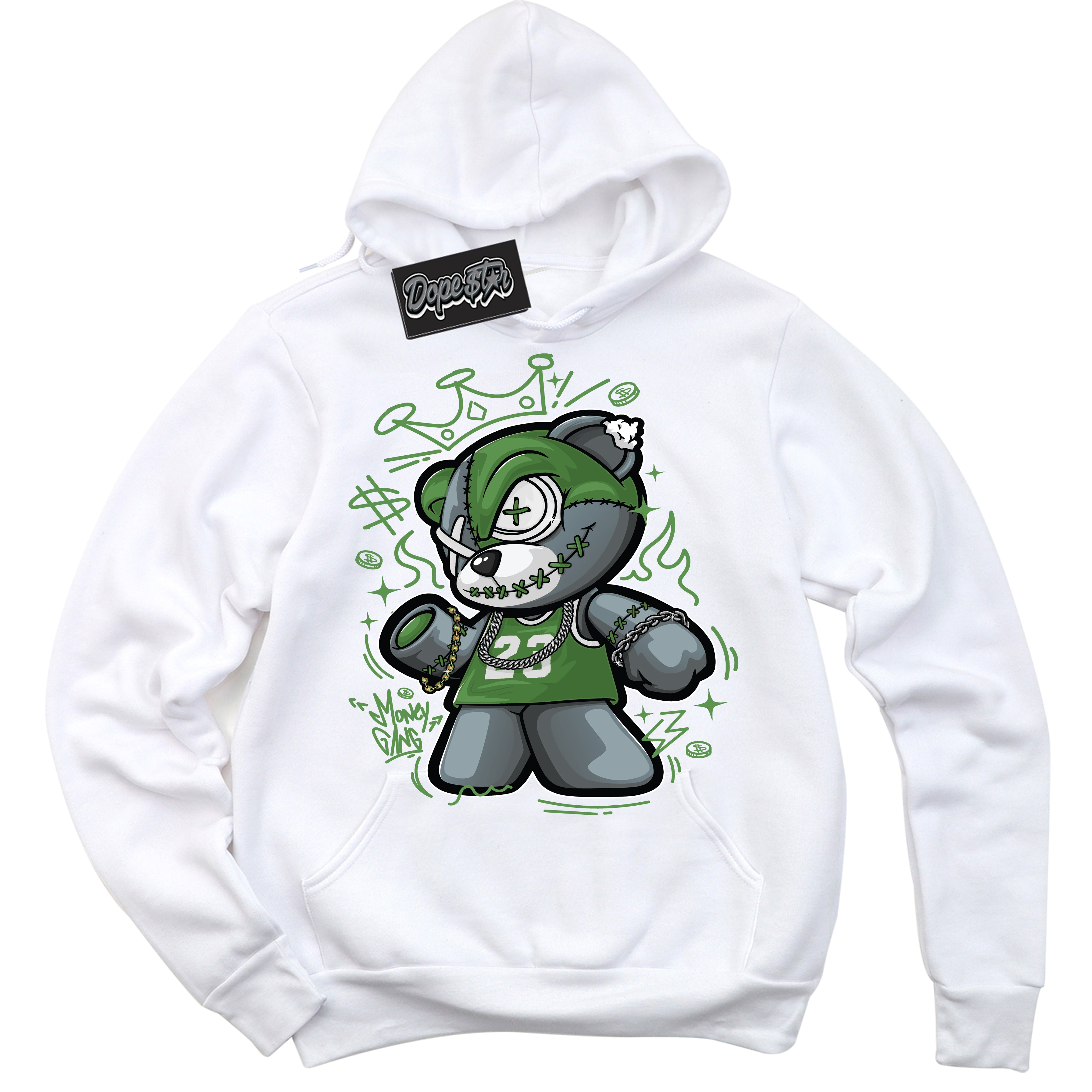 Cool White Hoodie with “ Money Gang Bear ”  design that Perfectly Matches Chlorophyll 1s Jordans.
