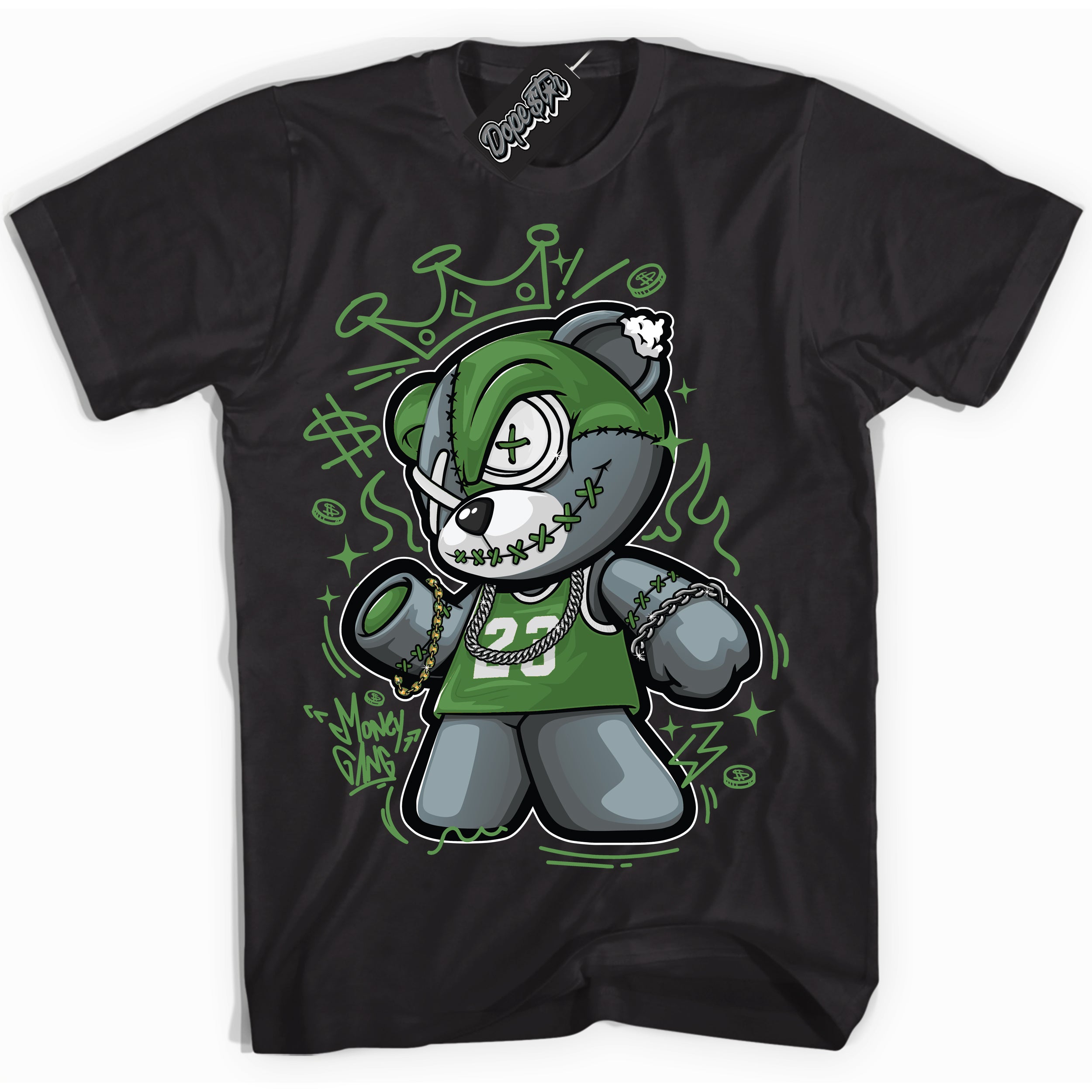 Cool Black Shirt with “ Money Gang Bear ” design that perfectly matches Chlorophyll 1s Jordans.
