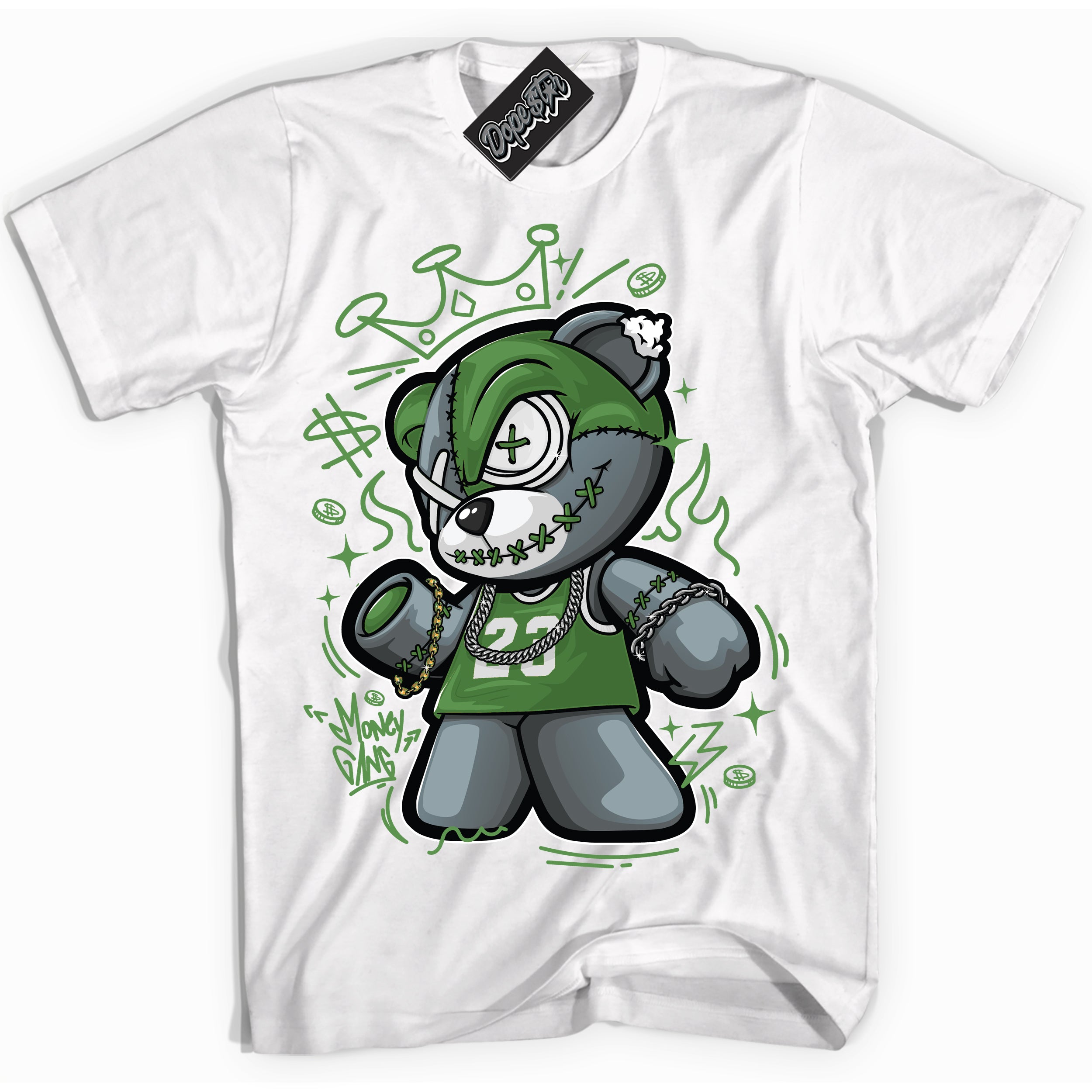 Cool White Shirt with “ Money Gang Bear ” design that perfectly matches Chlorophyll 1s Jordans.
