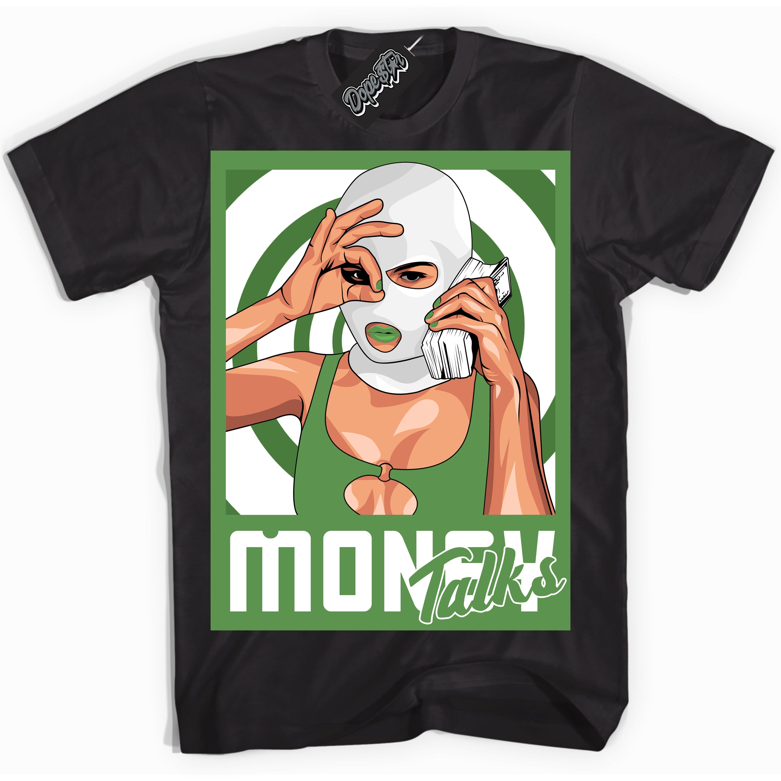 Cool Black Shirt with “ Money Talks ” design that perfectly matches Chlorophyll 1s Jordans.
