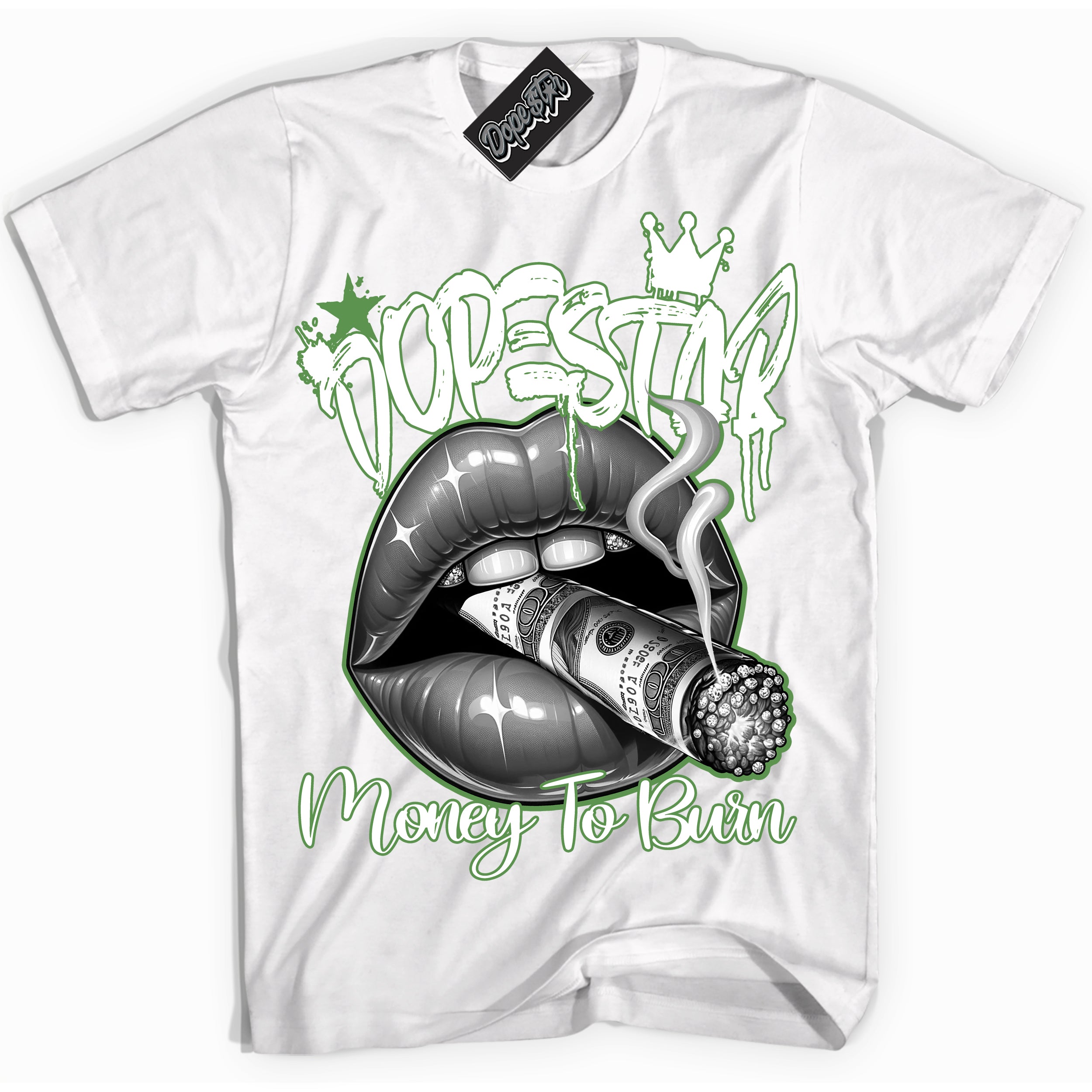 Cool White Shirt with “ Money To Burn” design that perfectly matches Chlorophyll 1s Sneakers.