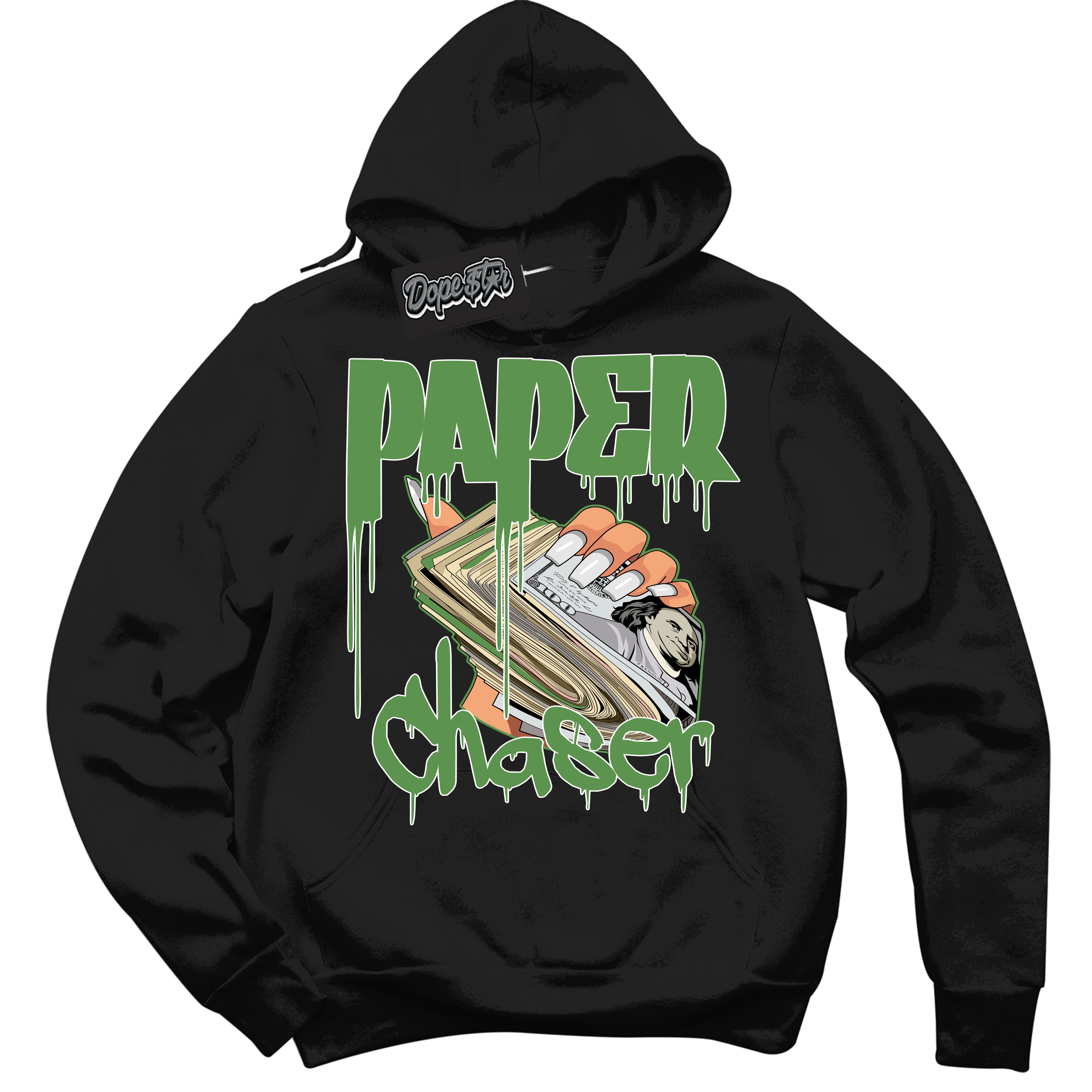 Cool Black Hoodie with “ Paper Chaser ”  design that Perfectly Matches Chlorophyll 1s Jordans.
