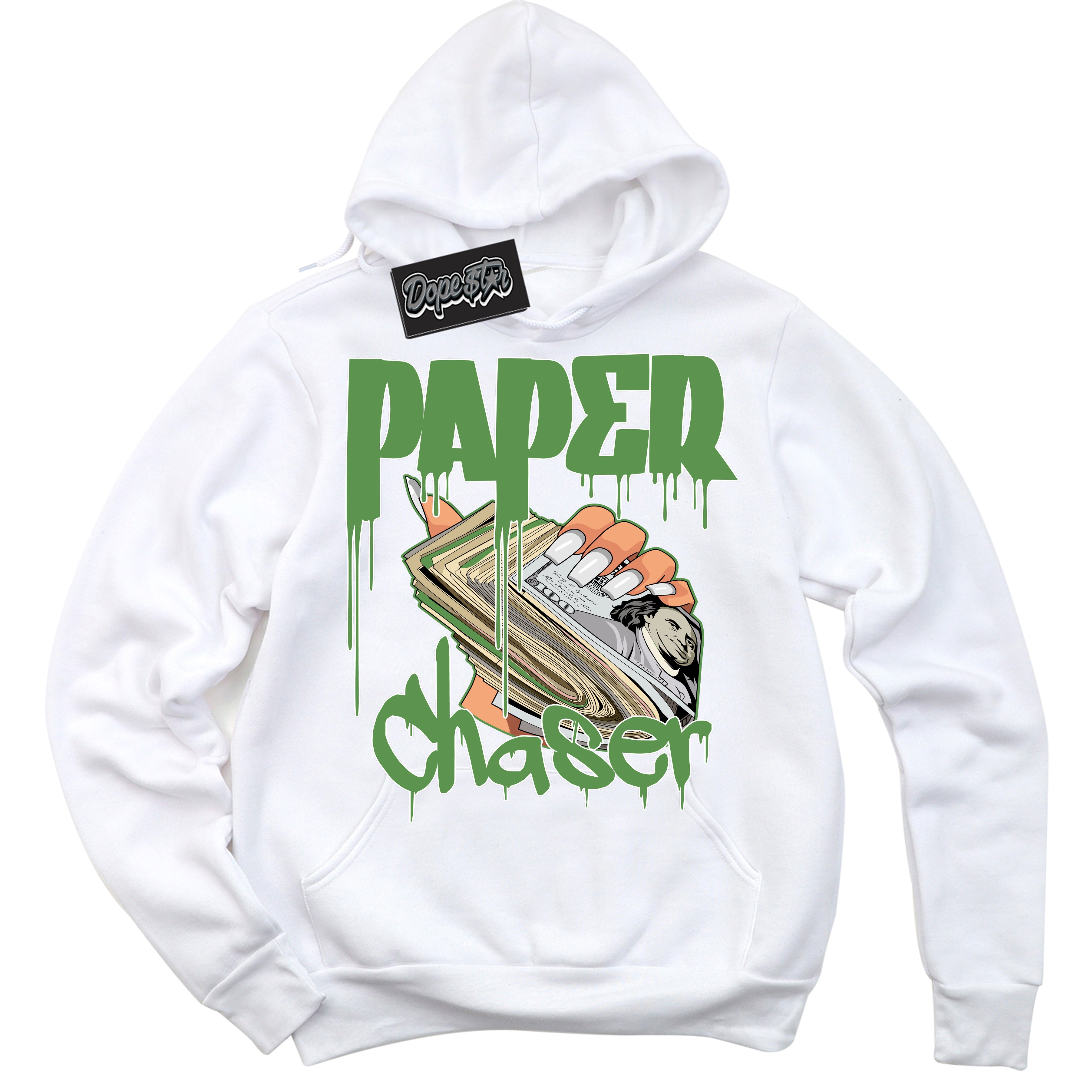 Cool White Hoodie with “ Paper Chaser ”  design that Perfectly Matches Chlorophyll 1s Jordans.
