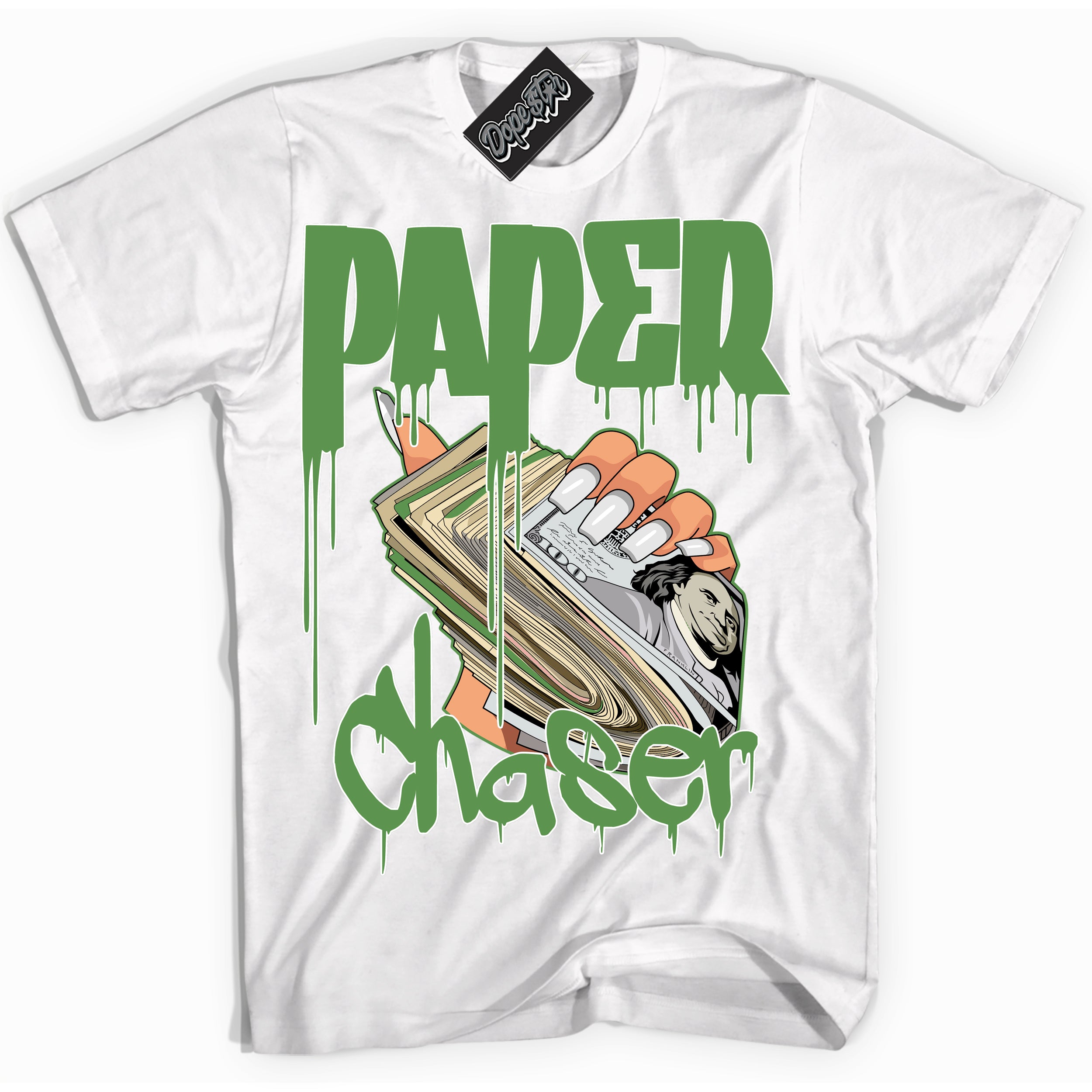 Cool White Shirt with “ Paper Chaser ” design that perfectly matches Chlorophyll 1s Jordans.
