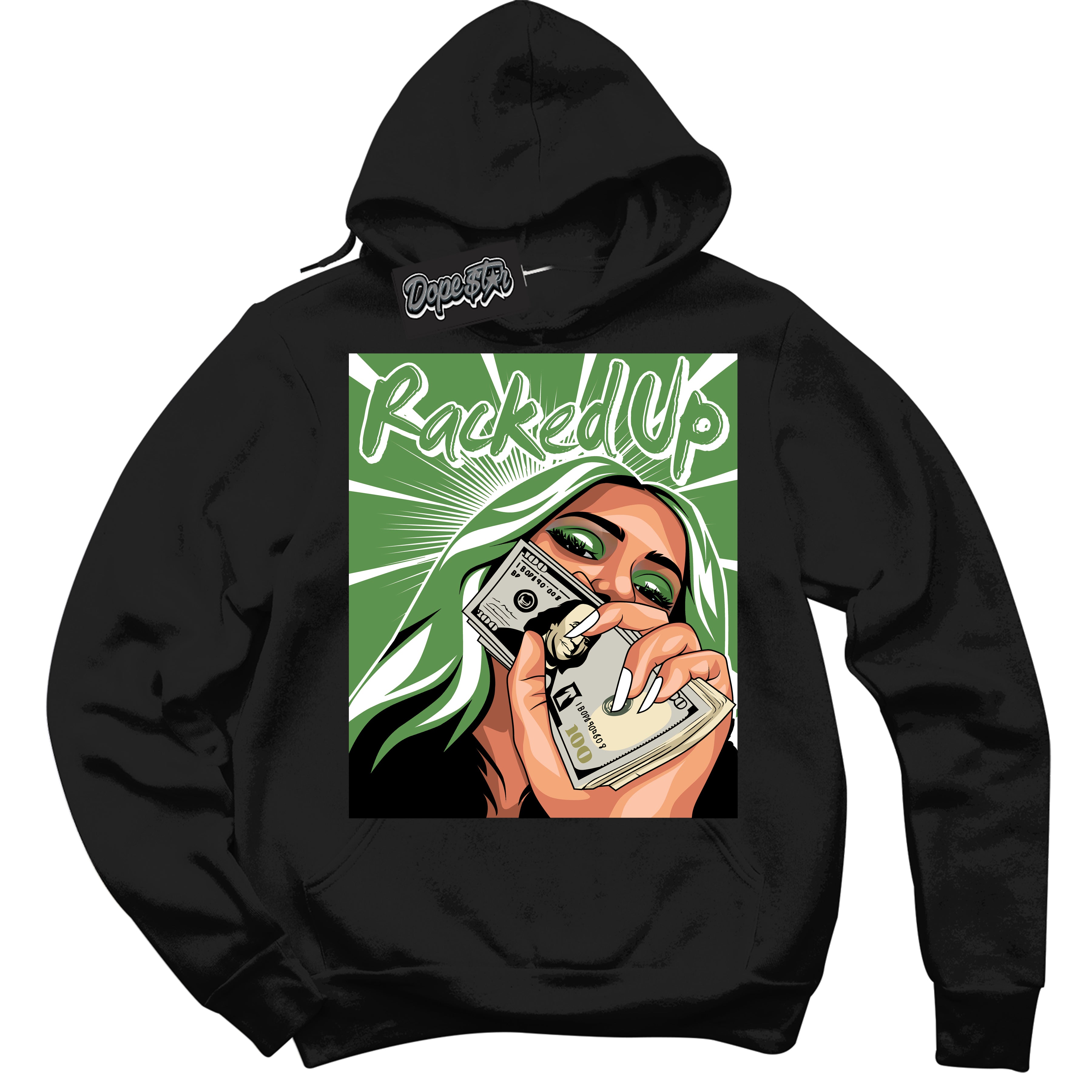 Cool Black Hoodie with “ Racked Up ”  design that Perfectly Matches Chlorophyll 1s Jordans.
