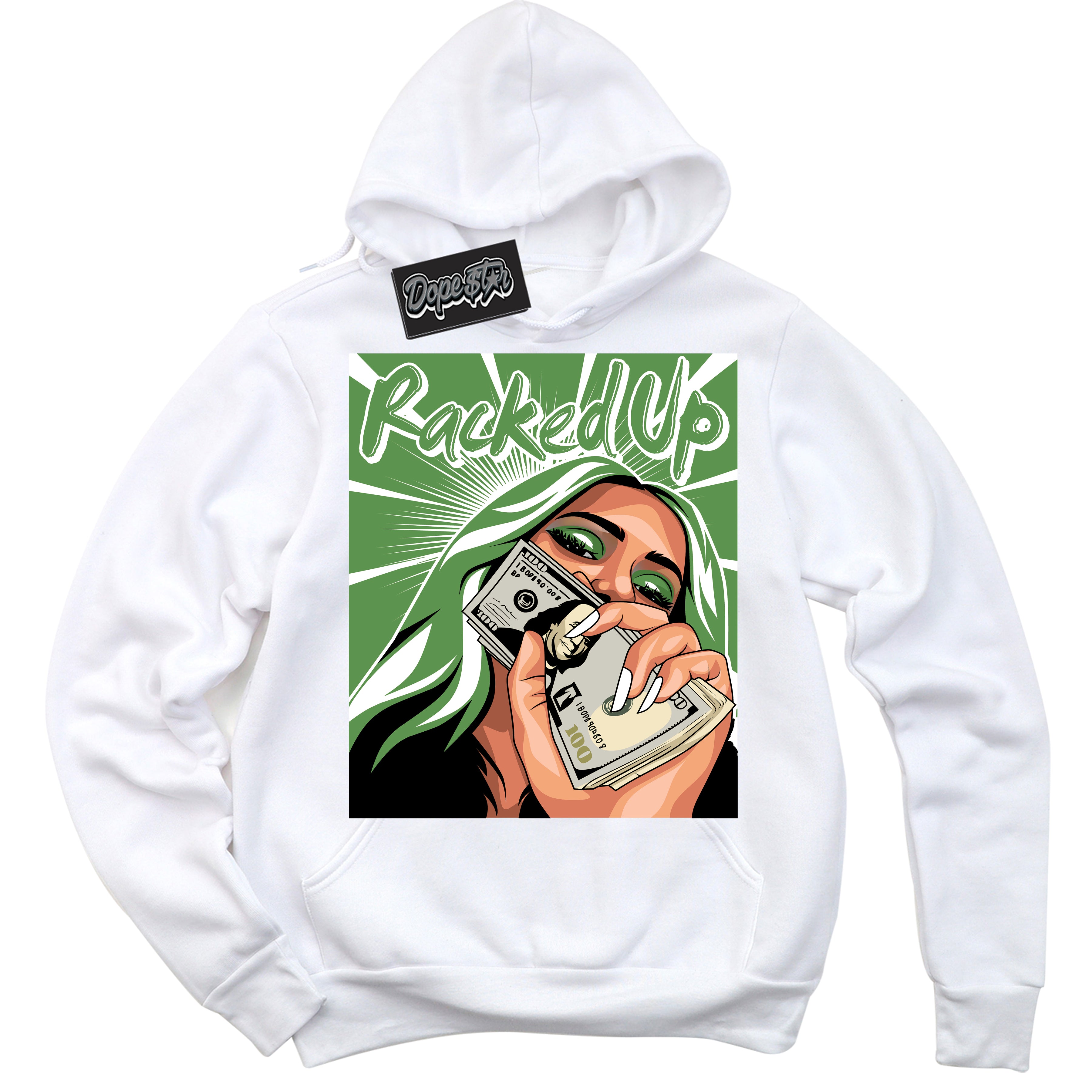 Cool White Hoodie with “ Racked Up ”  design that Perfectly Matches Chlorophyll 1s Jordans.
