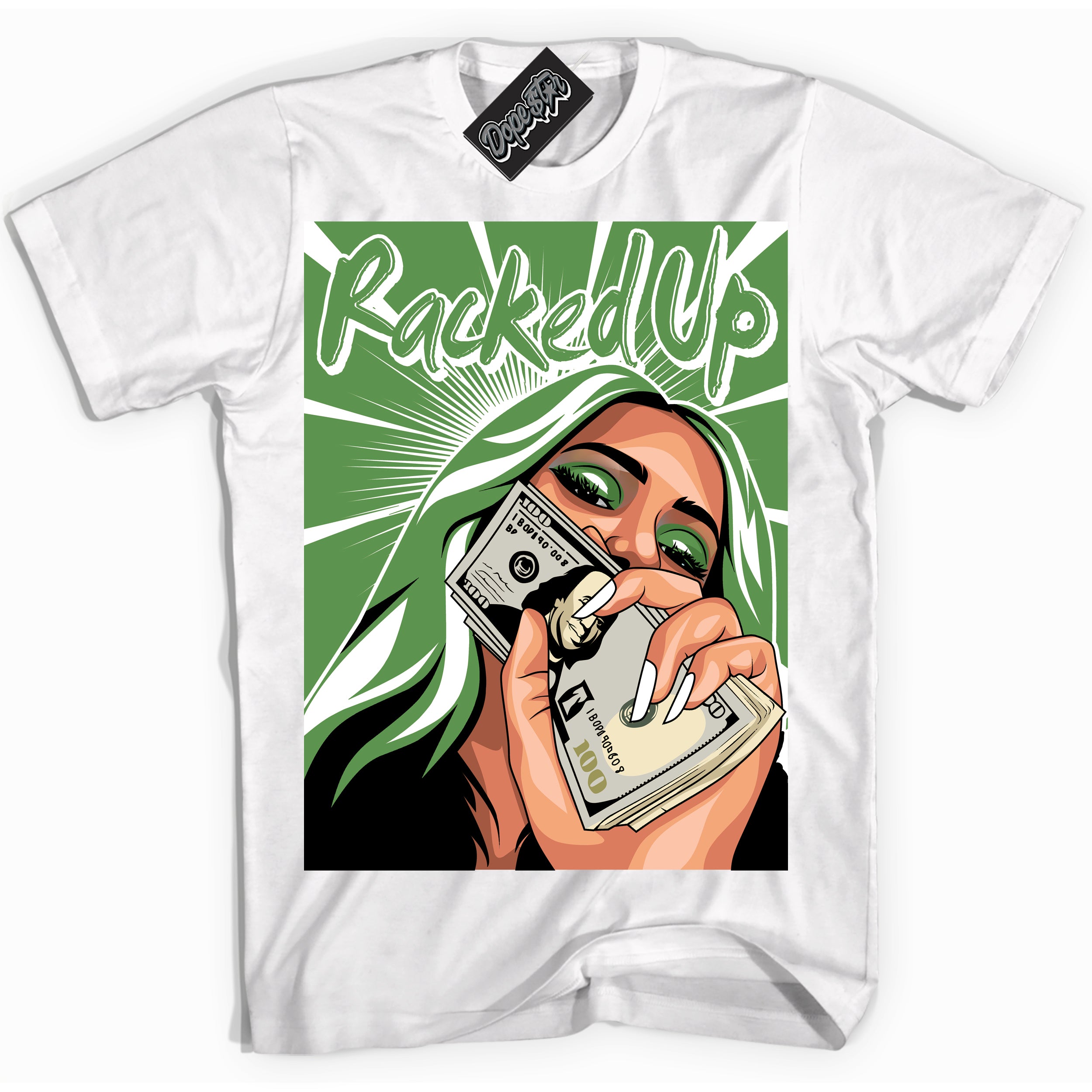 Cool White Shirt with “ Racked Up ” design that perfectly matches Chlorophyll 1s Jordans.