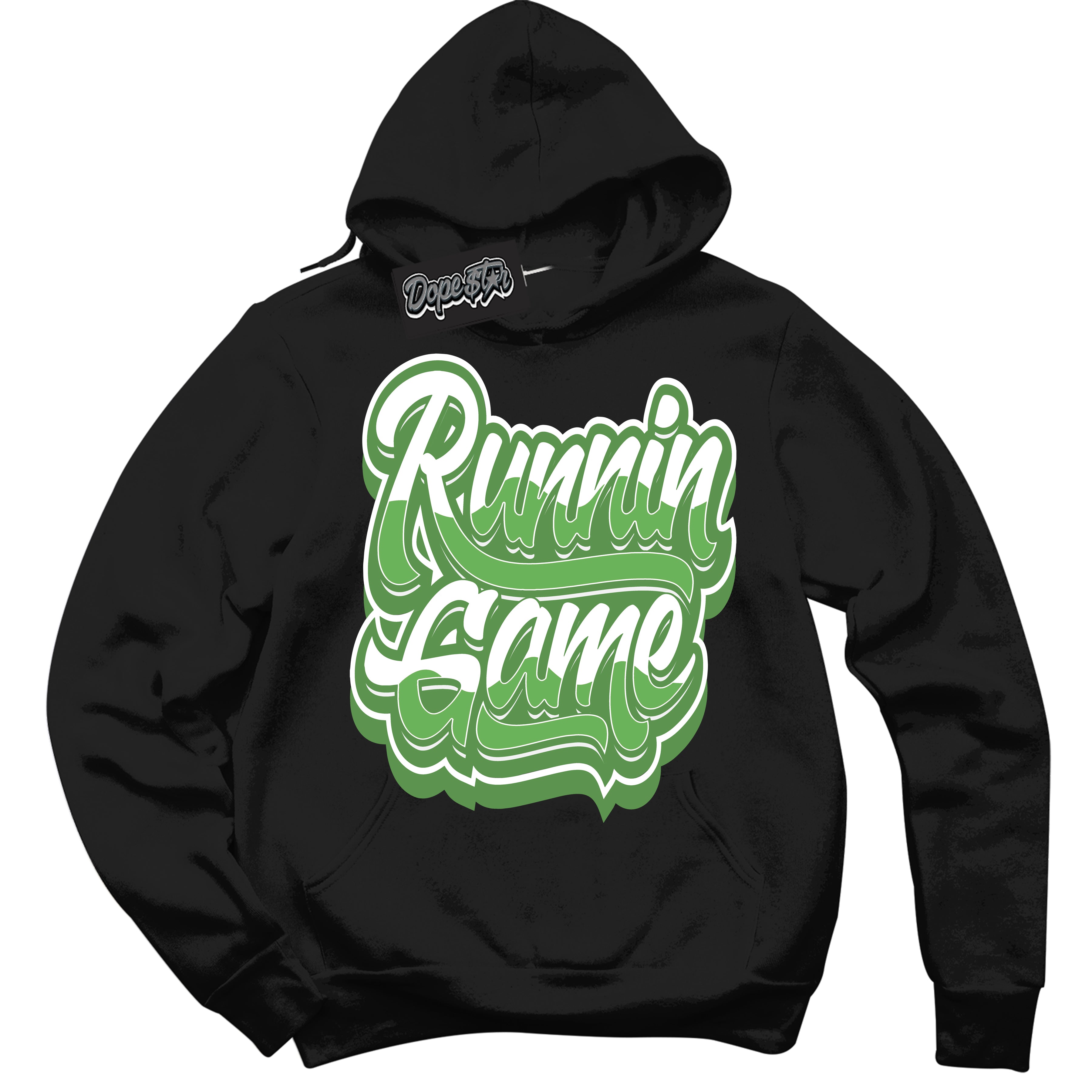 Cool Black Hoodie with “ Running Game ”  design that Perfectly Matches Chlorophyll 1s Jordans.
