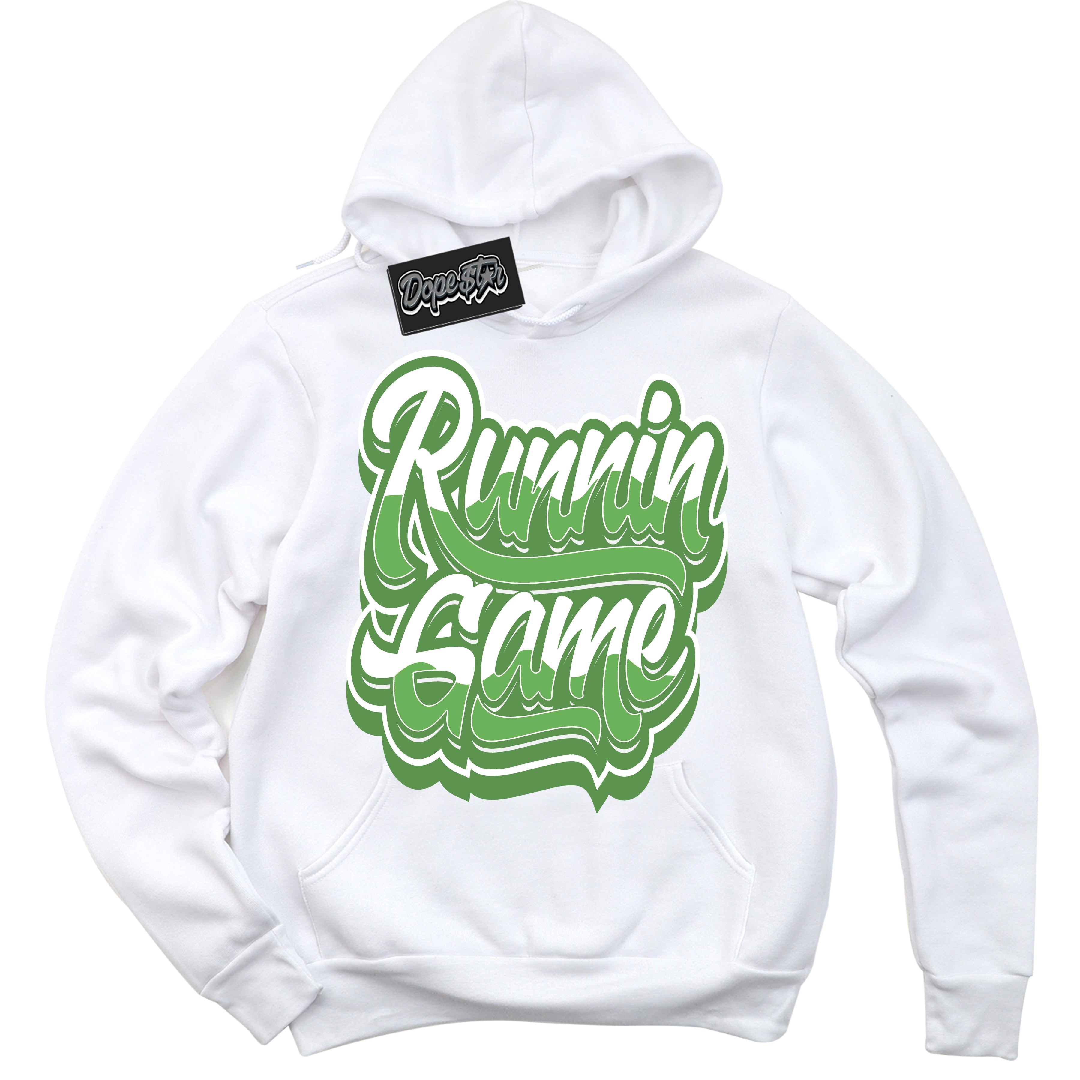 Cool White Hoodie with “ Running Game ”  design that Perfectly Matches Chlorophyll 1s Jordans.
