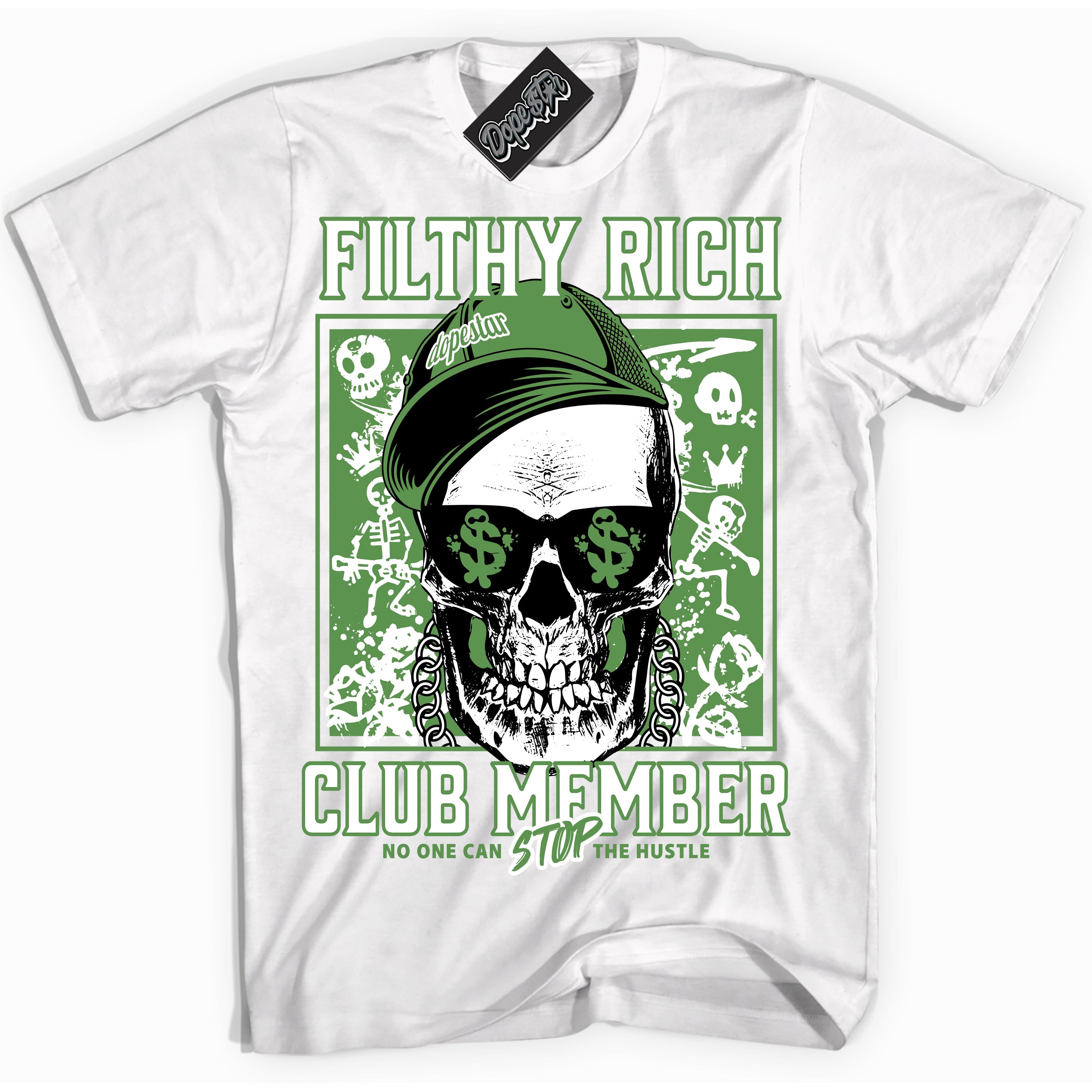 Cool White Shirt with “ Filthy Rich” design that perfectly matches Chlorophyll 1s Sneakers.