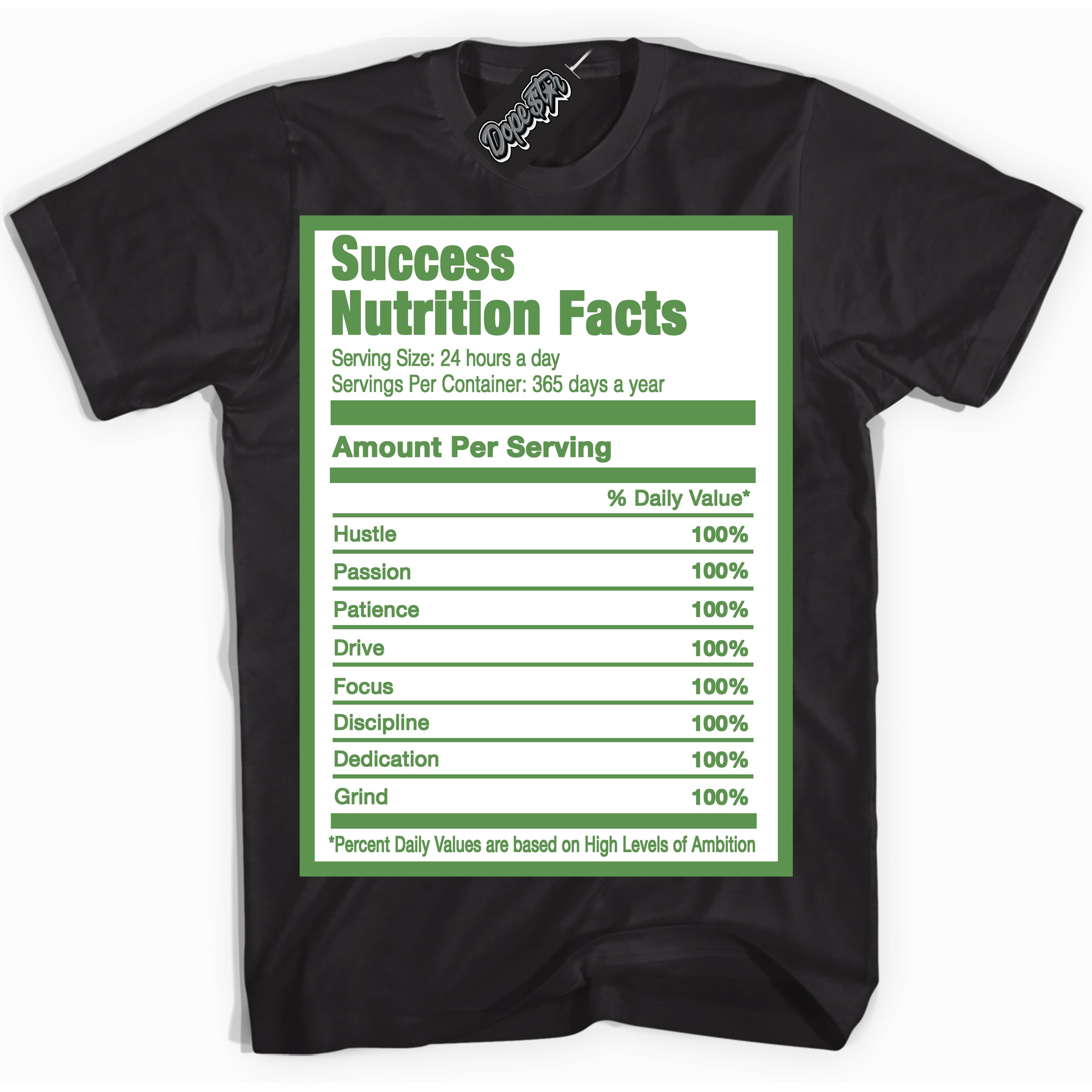 Cool Black Shirt with “ Success Nutrition ” design that perfectly matches Chlorophyll 1s Jordans.
