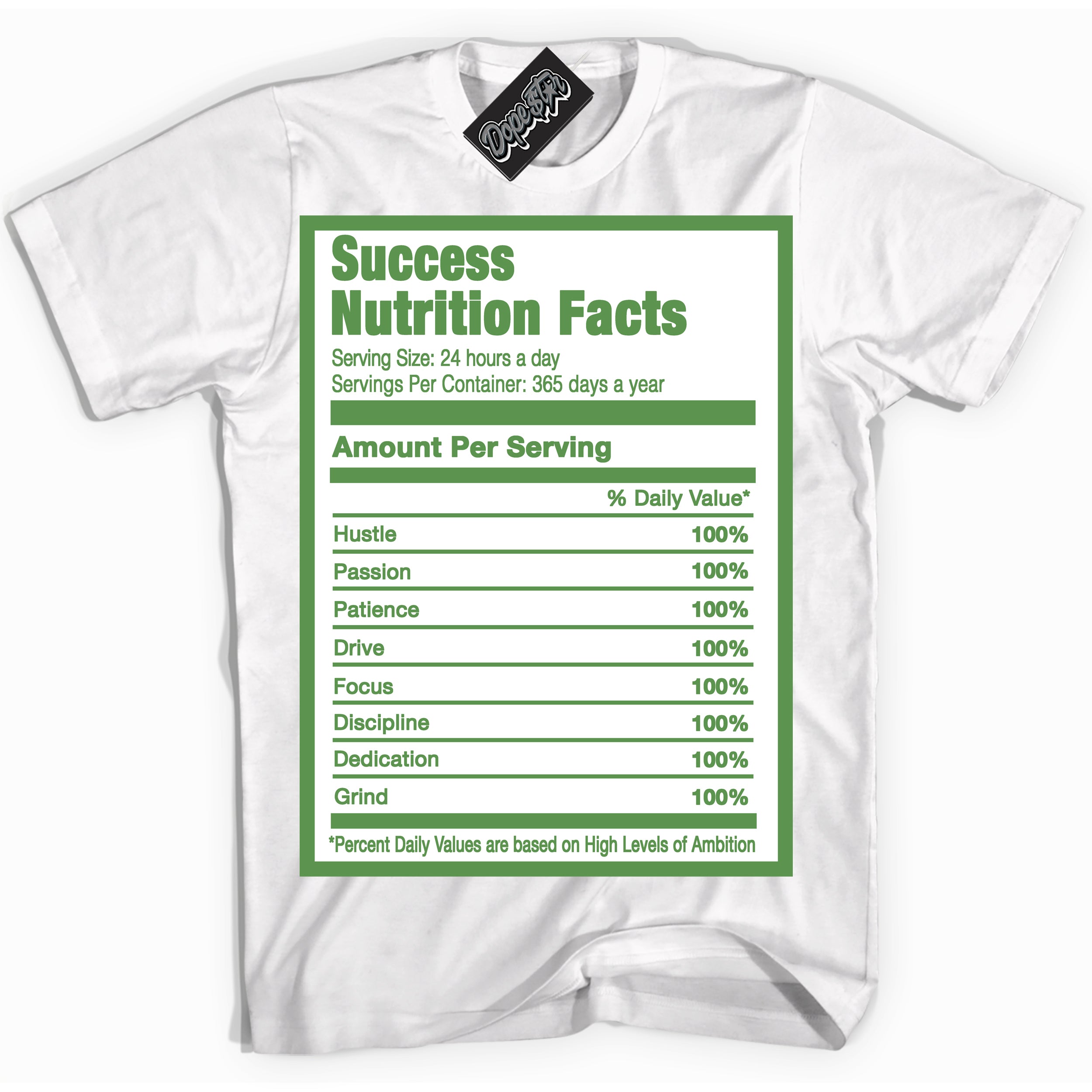 Cool White Shirt with “ Success Nutrition ” design that perfectly matches Chlorophyll 1s Jordans.
