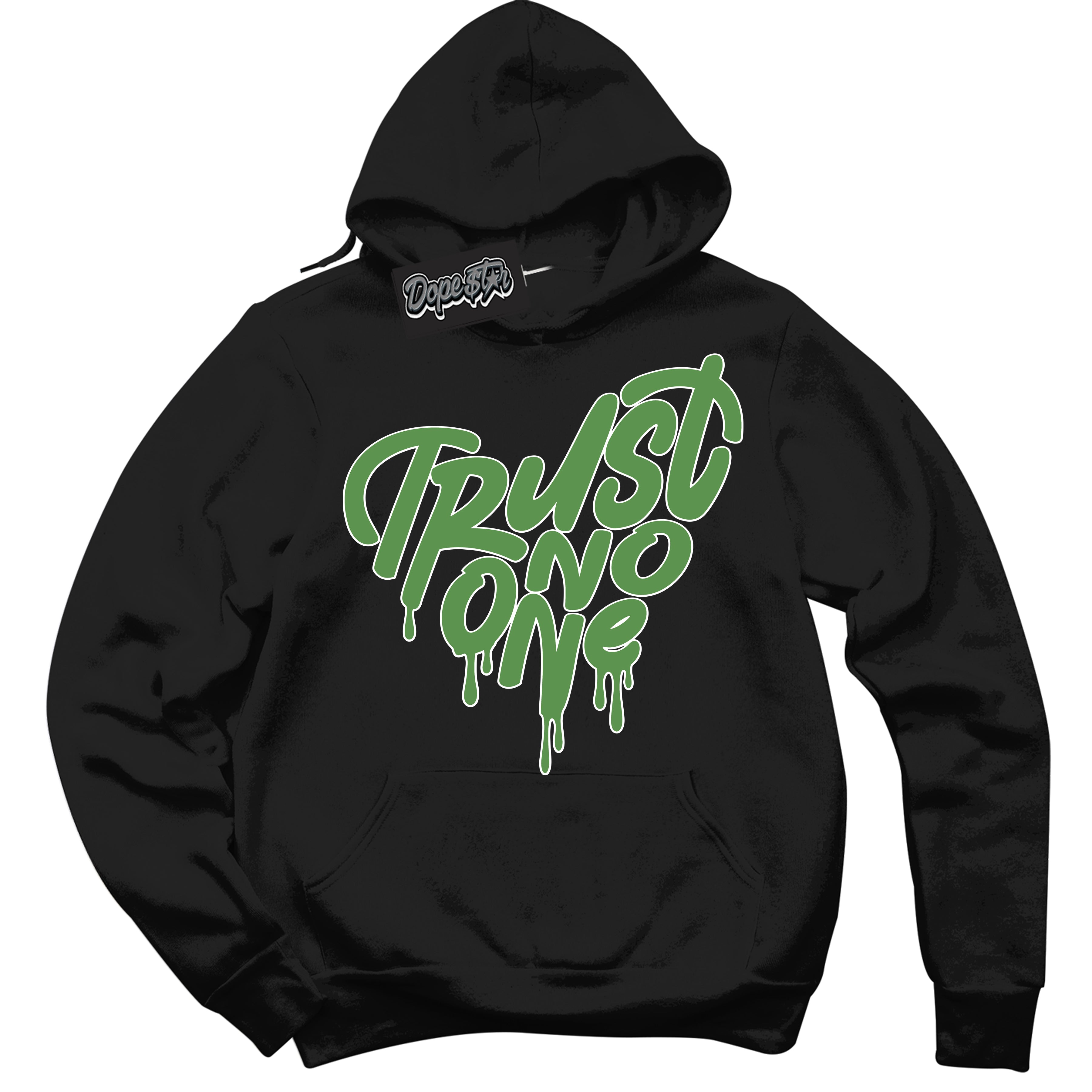 Cool Black Hoodie with “ Trust No One Heart ”  design that Perfectly Matches Chlorophyll 1s Jordans.
