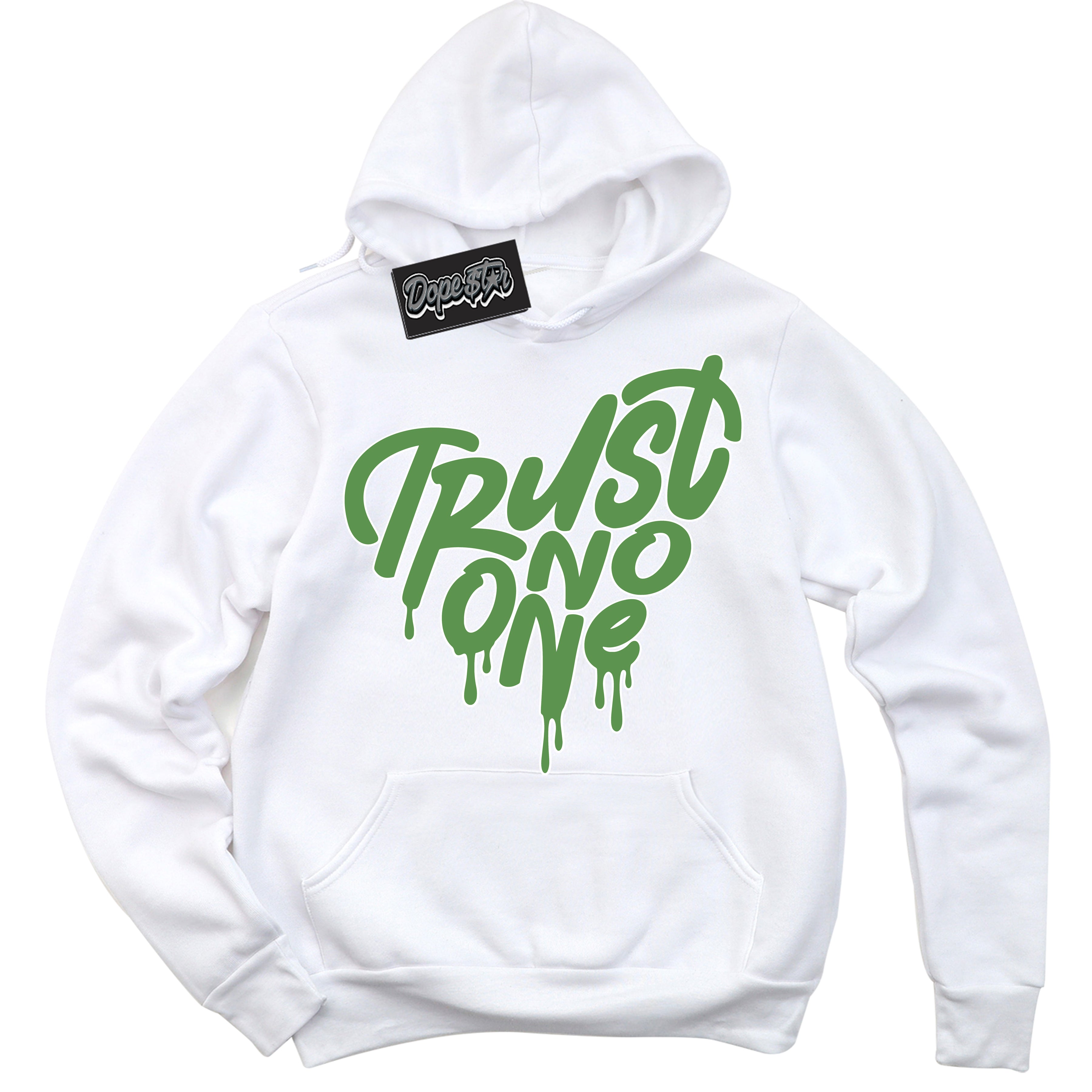 Cool White Hoodie with “ Trust No One Heart ”  design that Perfectly Matches Chlorophyll 1s Jordans.
