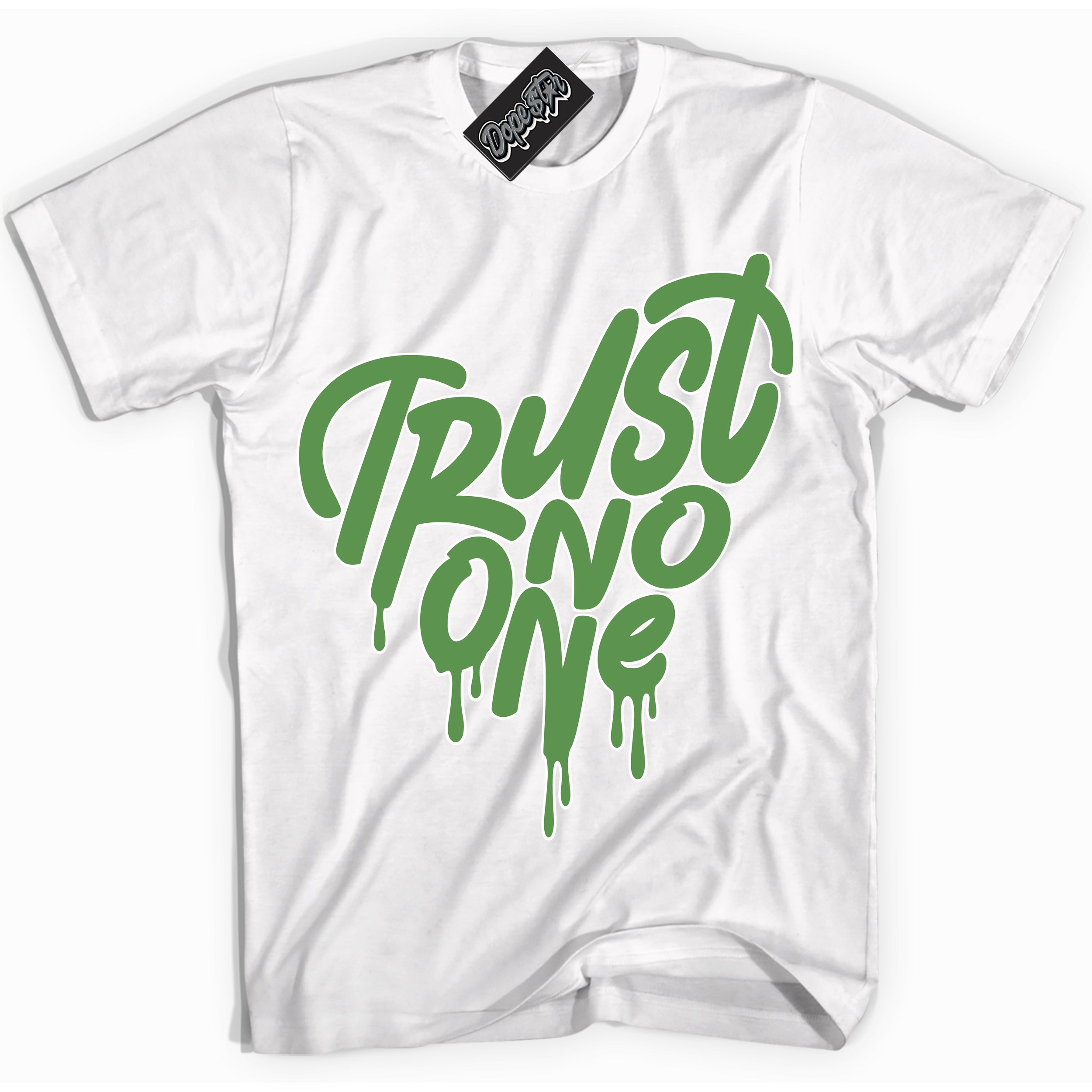 Cool White Shirt with “ Trust No One Heart ” design that perfectly matches Chlorophyll 1s Jordans.
