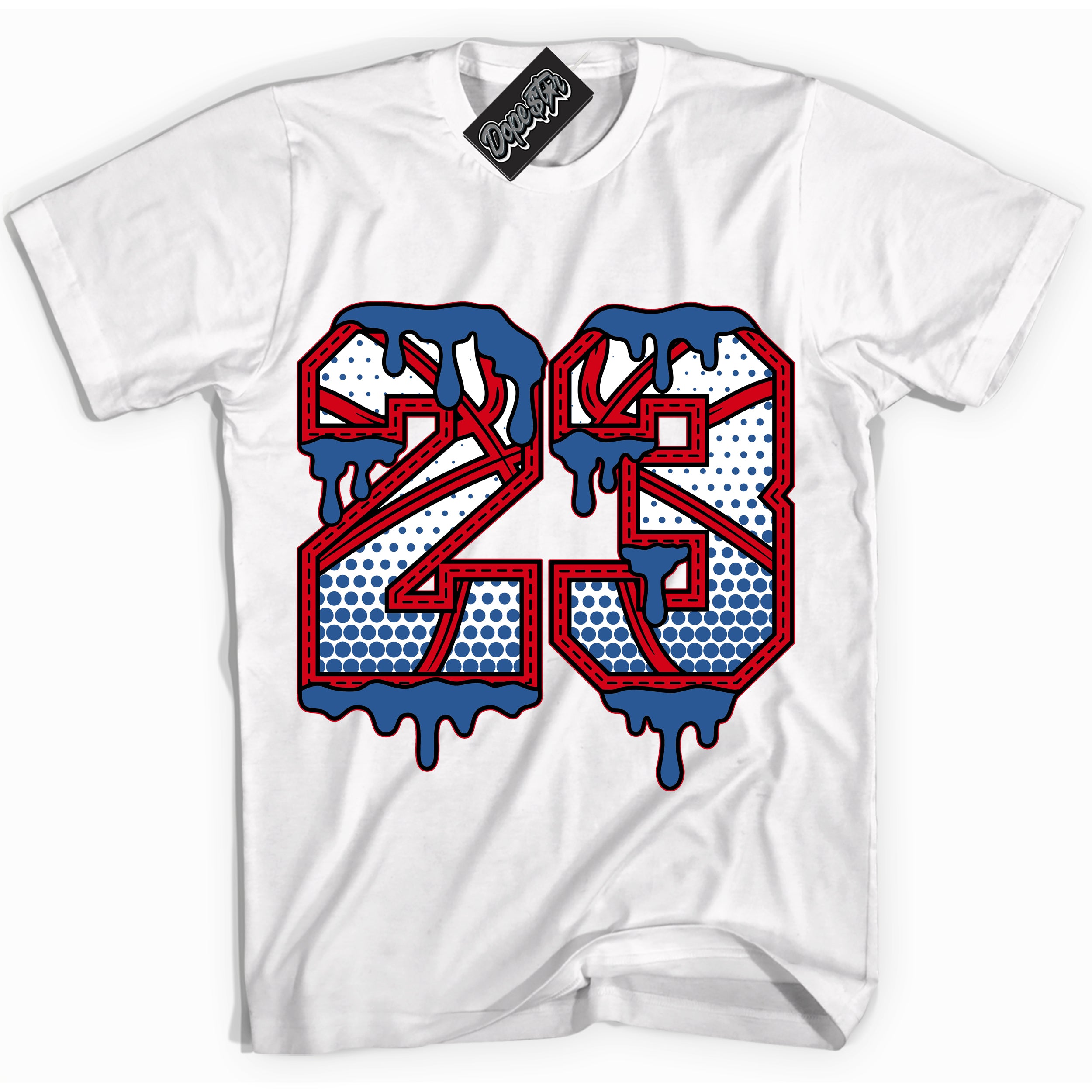 Cool White Shirt with “ 23 Ball” design that perfectly matches Industrial Blue Sashiko 1s Sneakers.
