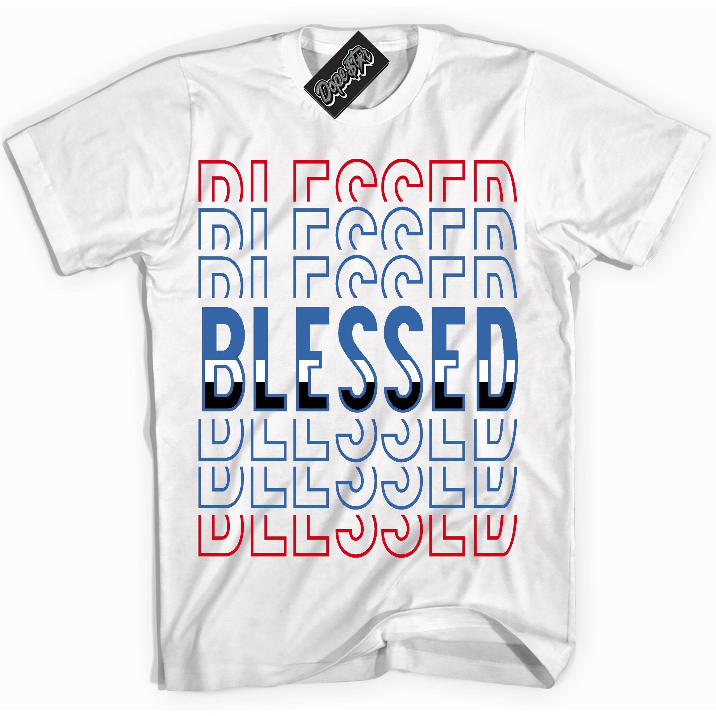 Cool White Shirt with “ Blessed Stacked” design that perfectly matches Industrial Blue Sashiko 1s Sneakers.
