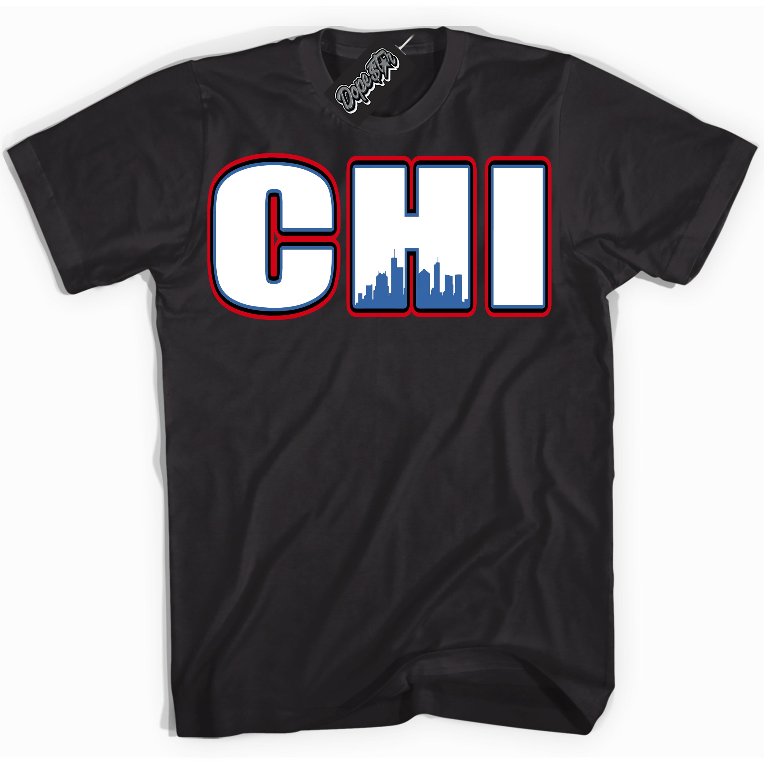 Cool Black Shirt with “ Chicago” design that perfectly matches Industrial Blue Sashiko 1s Sneakers.