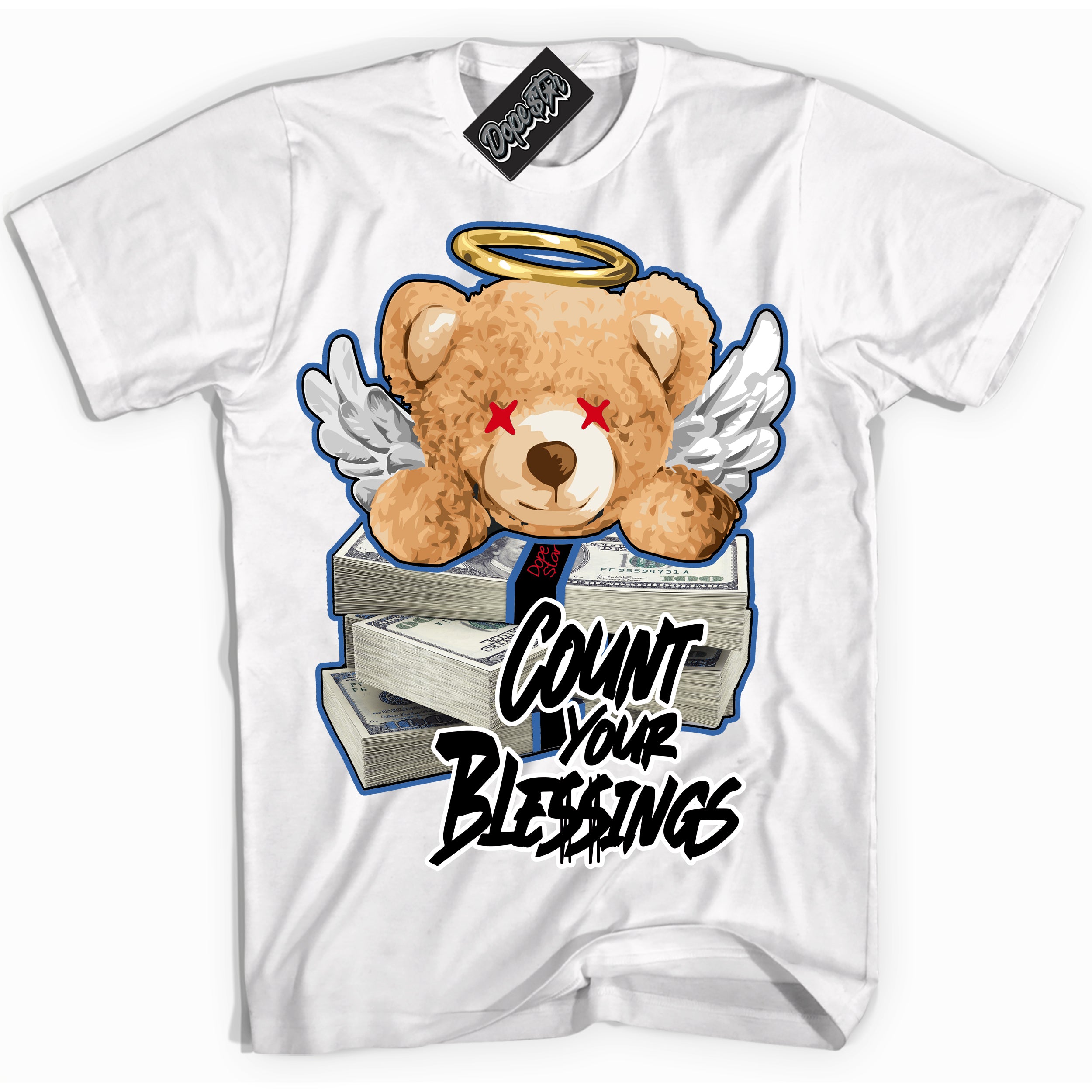 Cool White Shirt with “ Count Your Blessings” design that perfectly matches Industrial Blue Sashiko 1s Sneakers.
