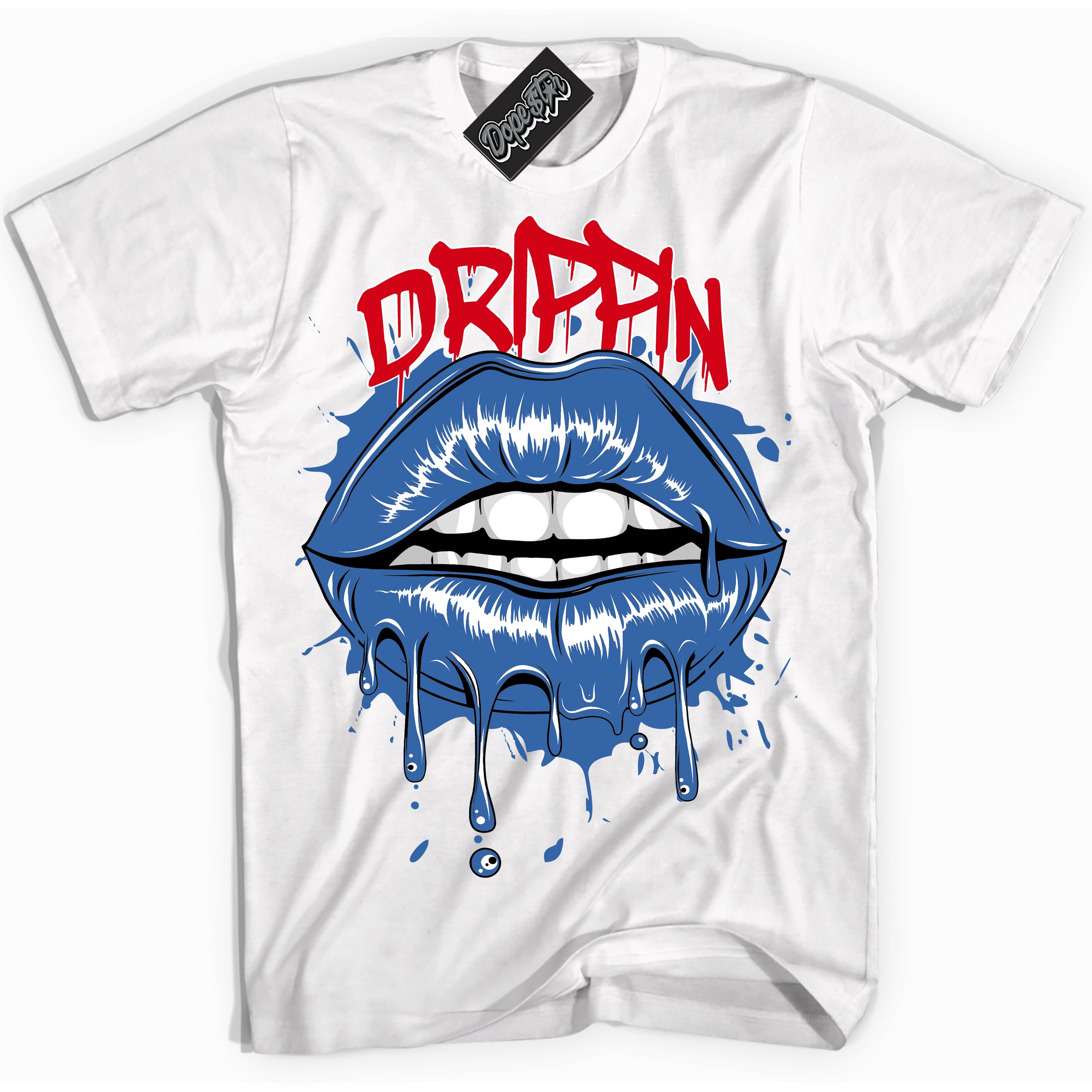 Cool White Shirt with “ Drippin” design that perfectly matches Industrial Blue Sashiko 1s Sneakers.