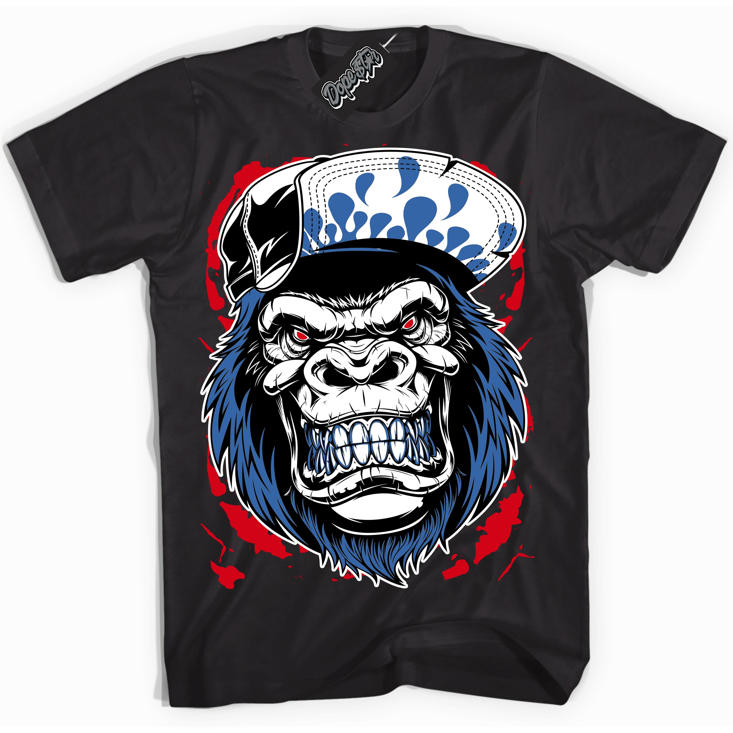 Cool Black Shirt with “ Gorilla Beast” design that perfectly matches Industrial Blue Sashiko 1s Sneakers.
