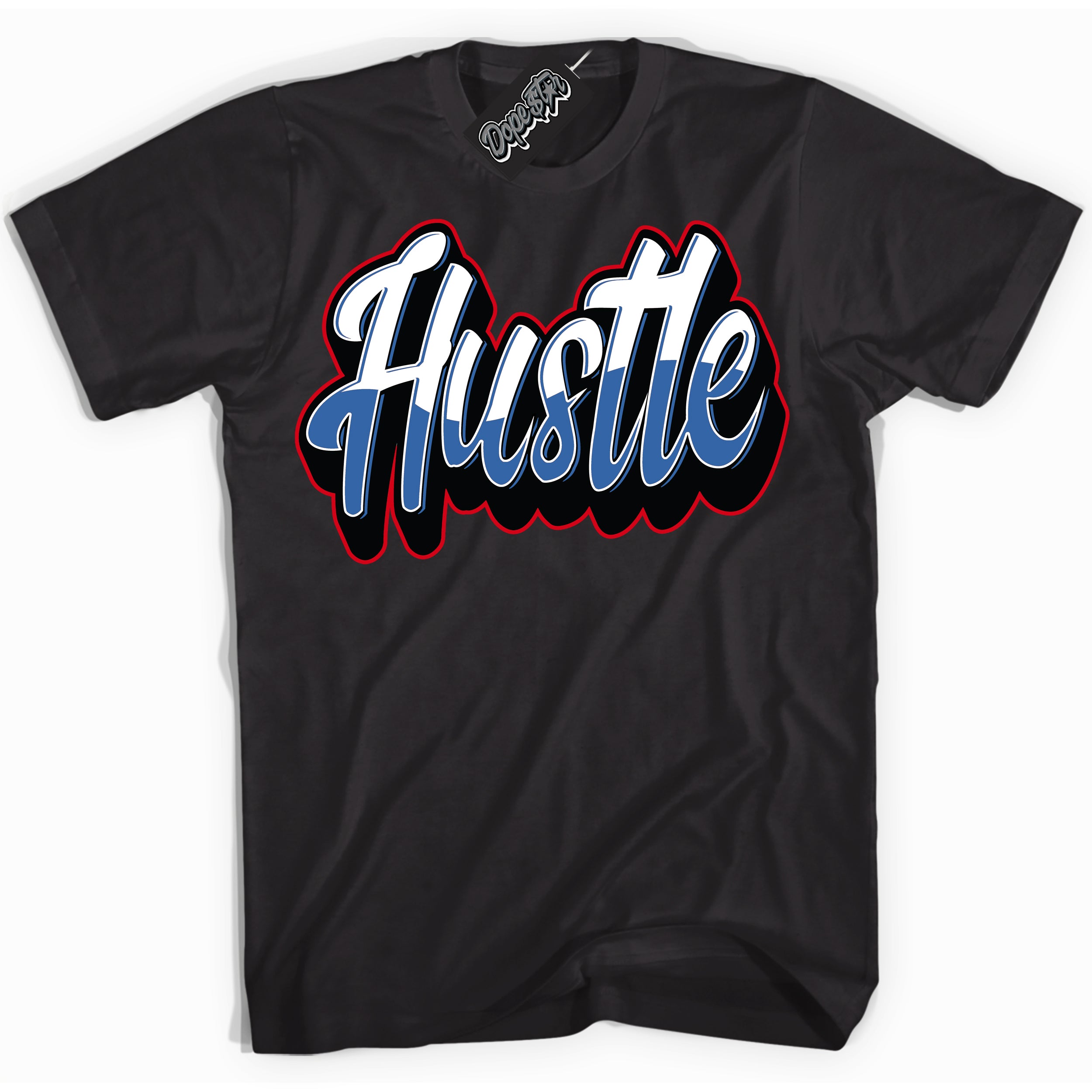 Cool Black Shirt with “ Hustle” design that perfectly matches Industrial Blue Sashiko 1s Sneakers.
