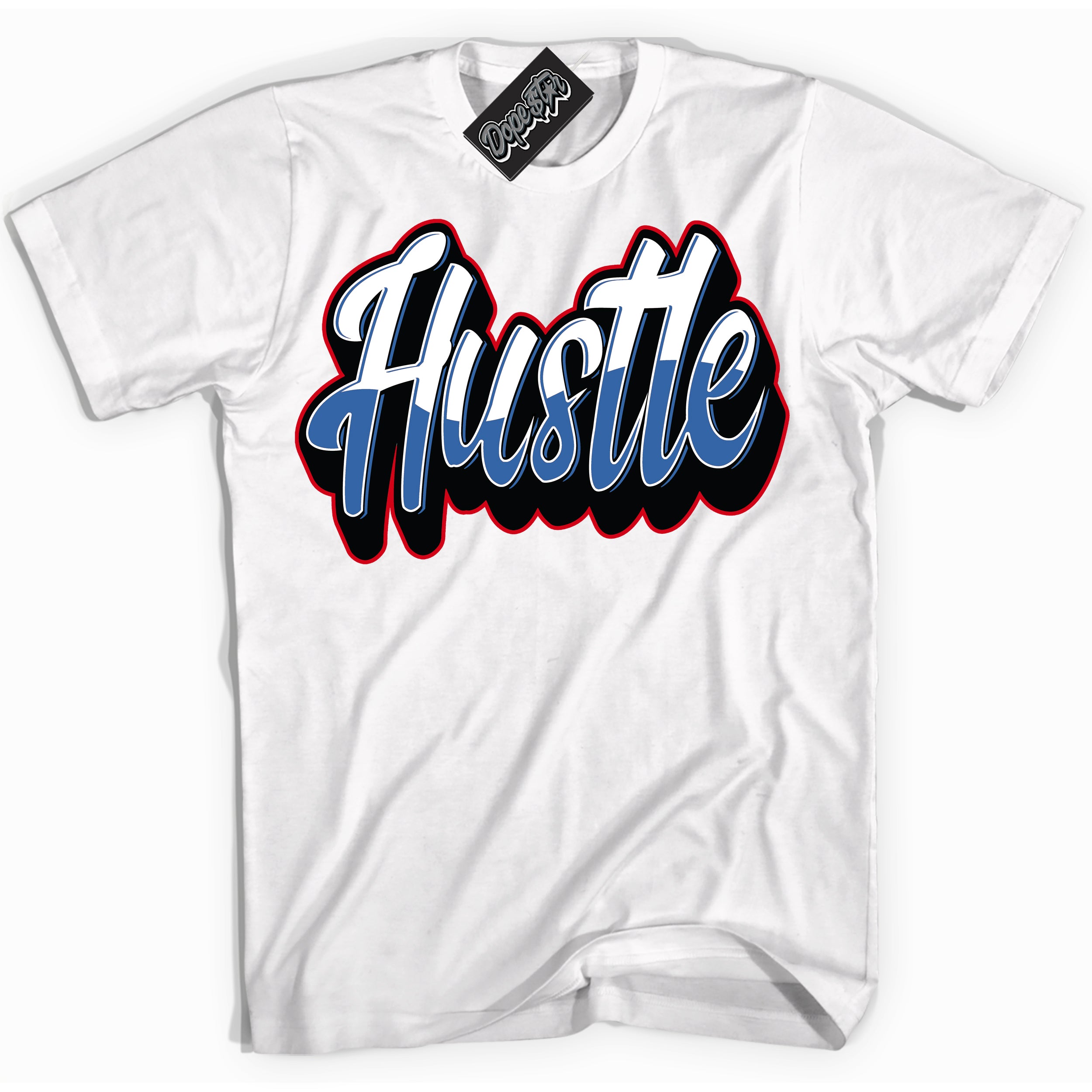 Cool White Shirt with “ Hustle” design that perfectly matches Industrial Blue Sashiko 1s Sneakers.
