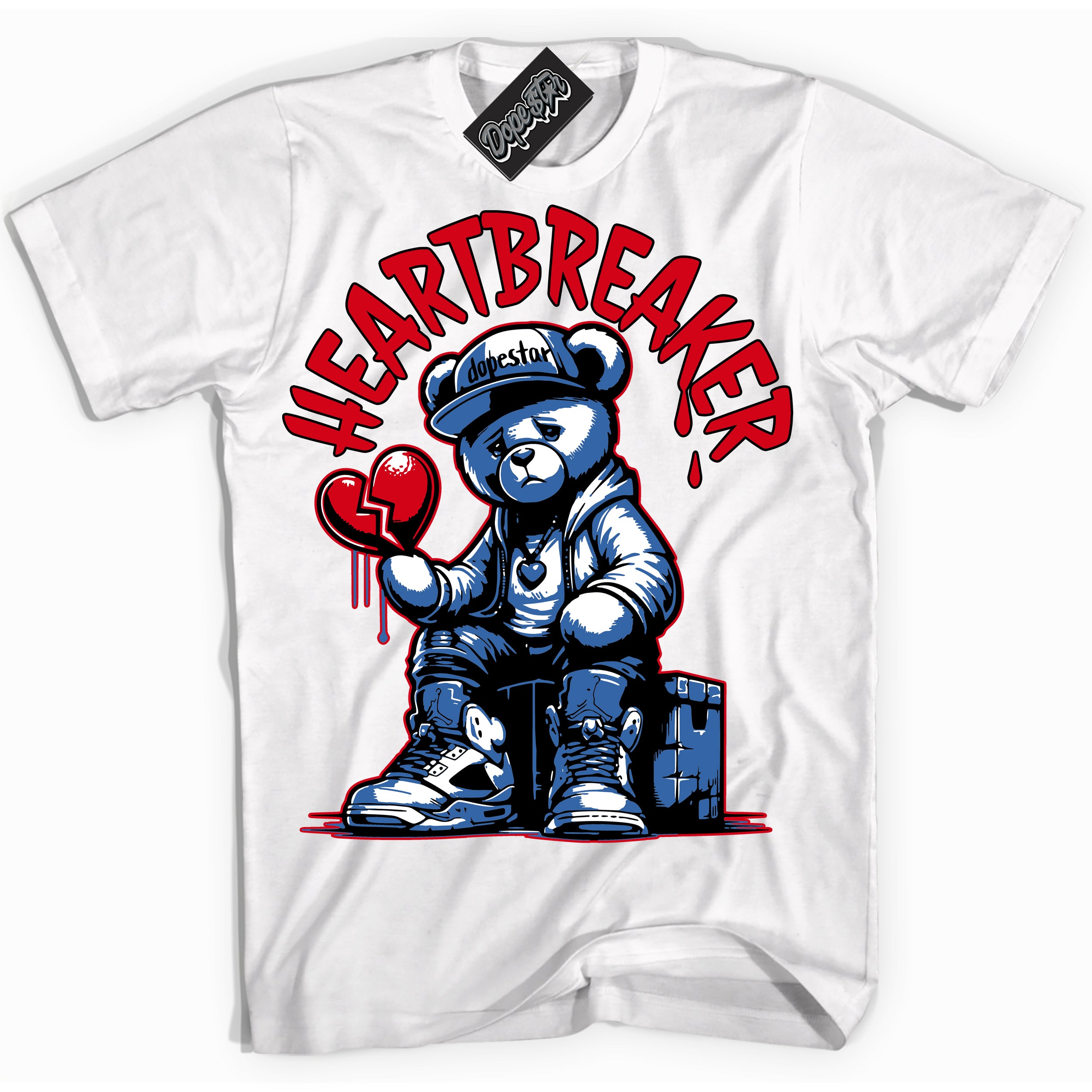 Cool White Shirt with “ Heartbreaker Bear” design that perfectly matches Industrial Blue Sashiko 1s Sneakers.
