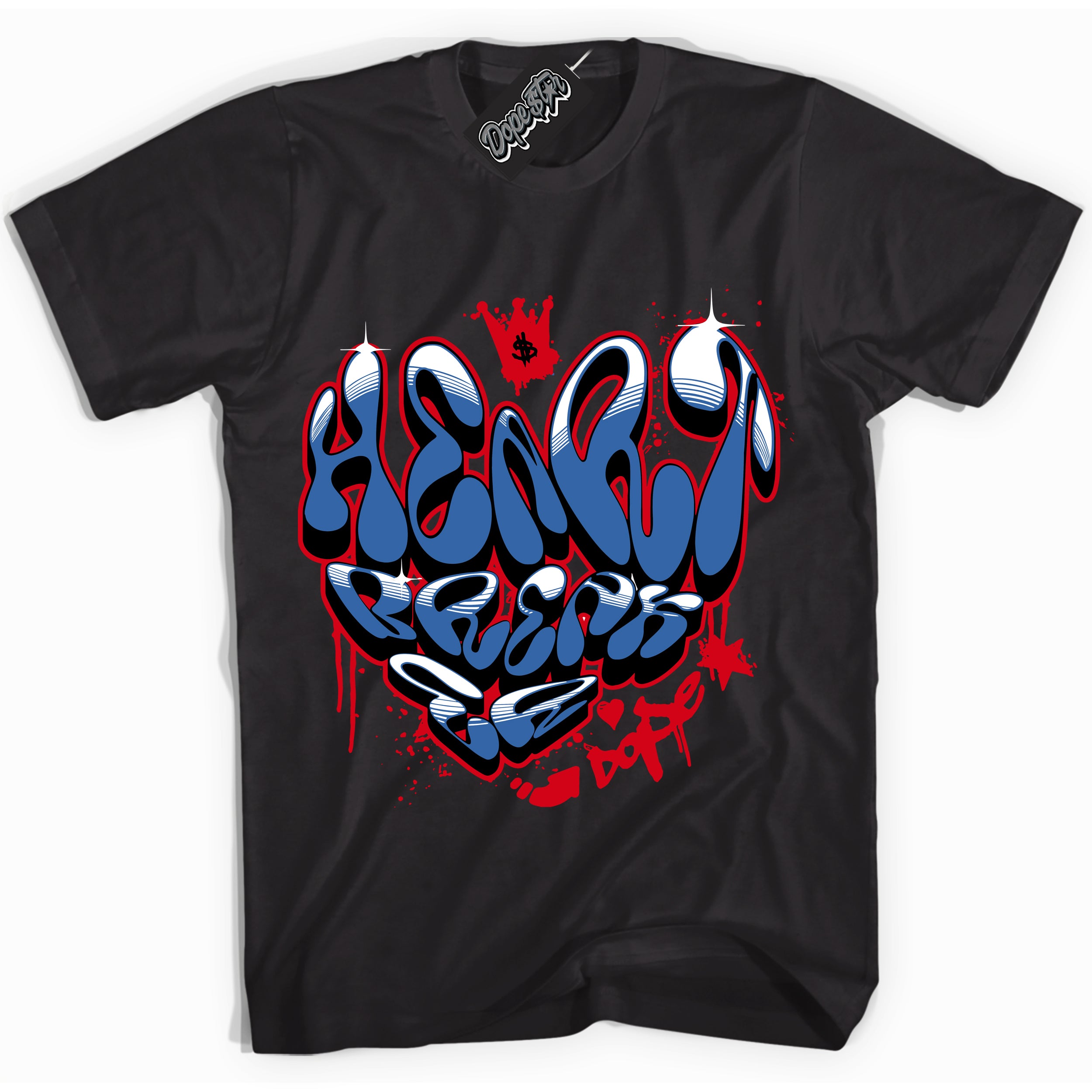 Cool Black Shirt with “ Heartbreaker Graffiti” design that perfectly matches Industrial Blue Sashiko 1s Sneakers.
