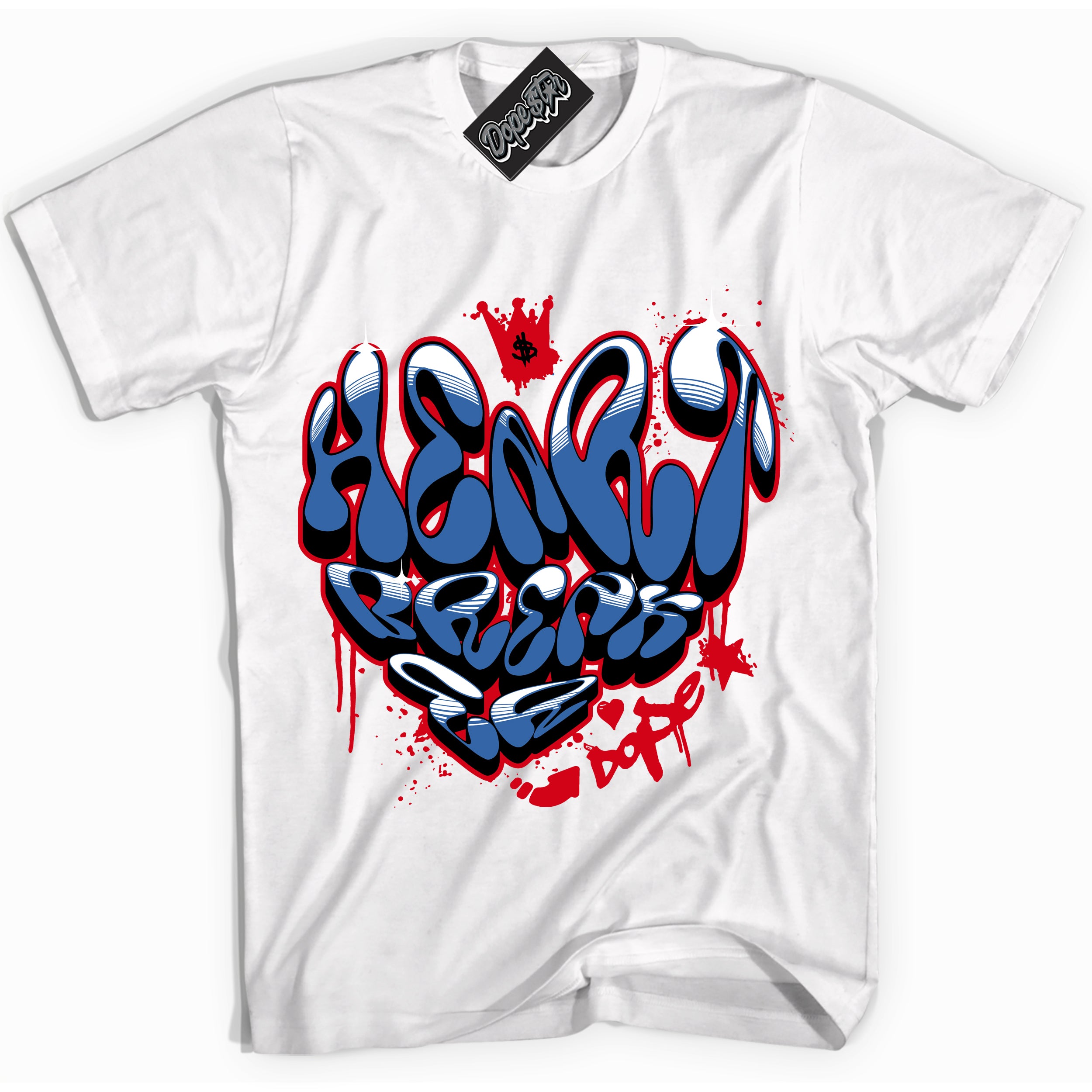 Cool White Shirt with “ Heartbreaker Graffiti” design that perfectly matches Industrial Blue Sashiko 1s Sneakers.
