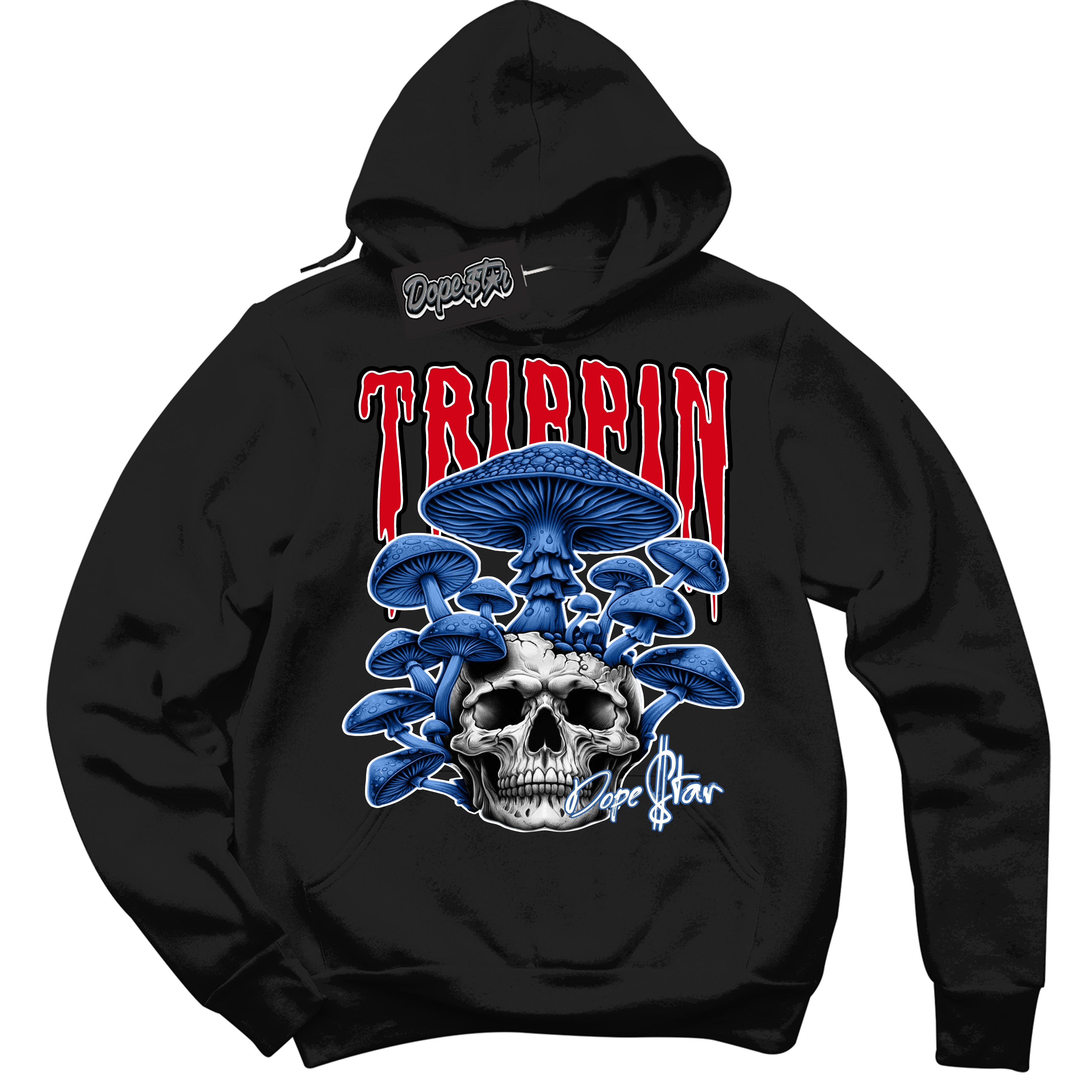 Cool Black Hoodie with “Trippin” design that Perfectly Matches Industrial Blue Sashiko 1s Sneakers.