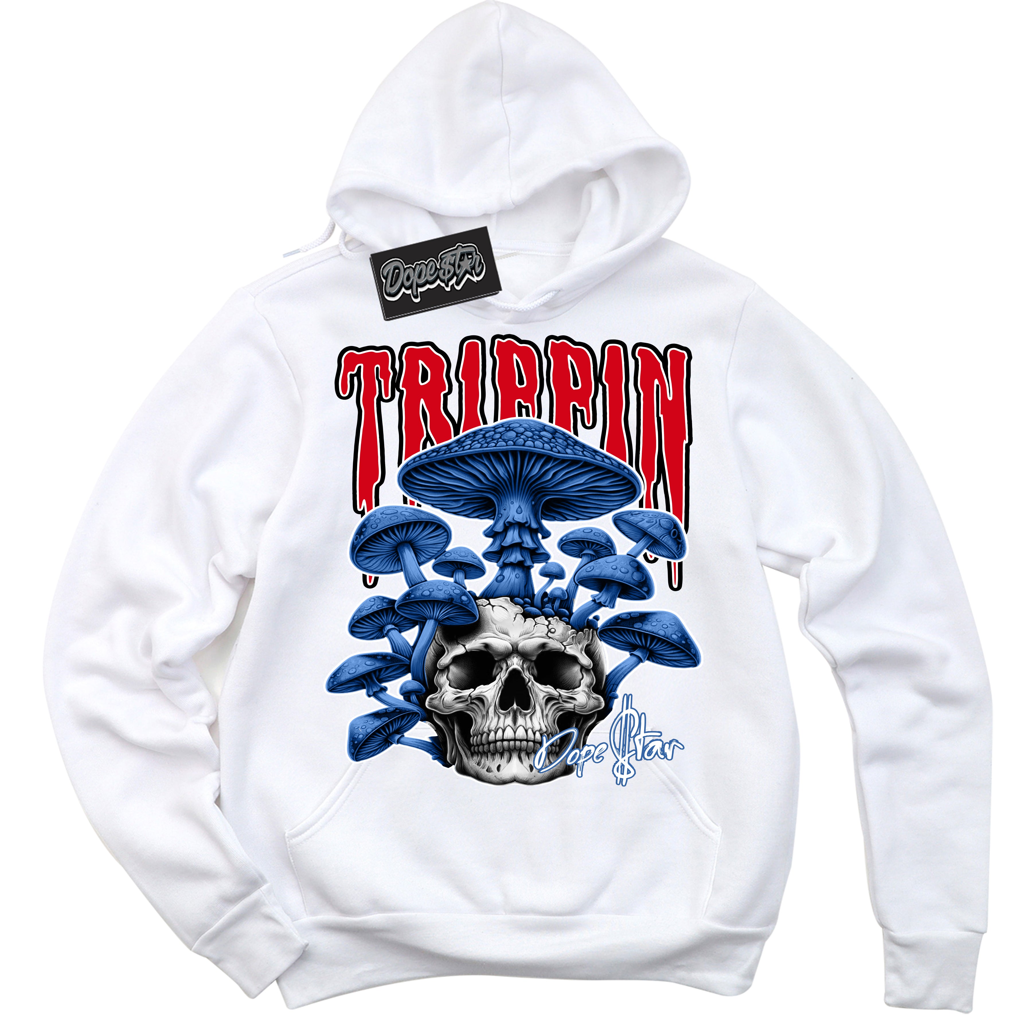 Cool White Hoodie with “Trippin” design that Perfectly Matches Industrial Blue Sashiko 1s Sneakers.