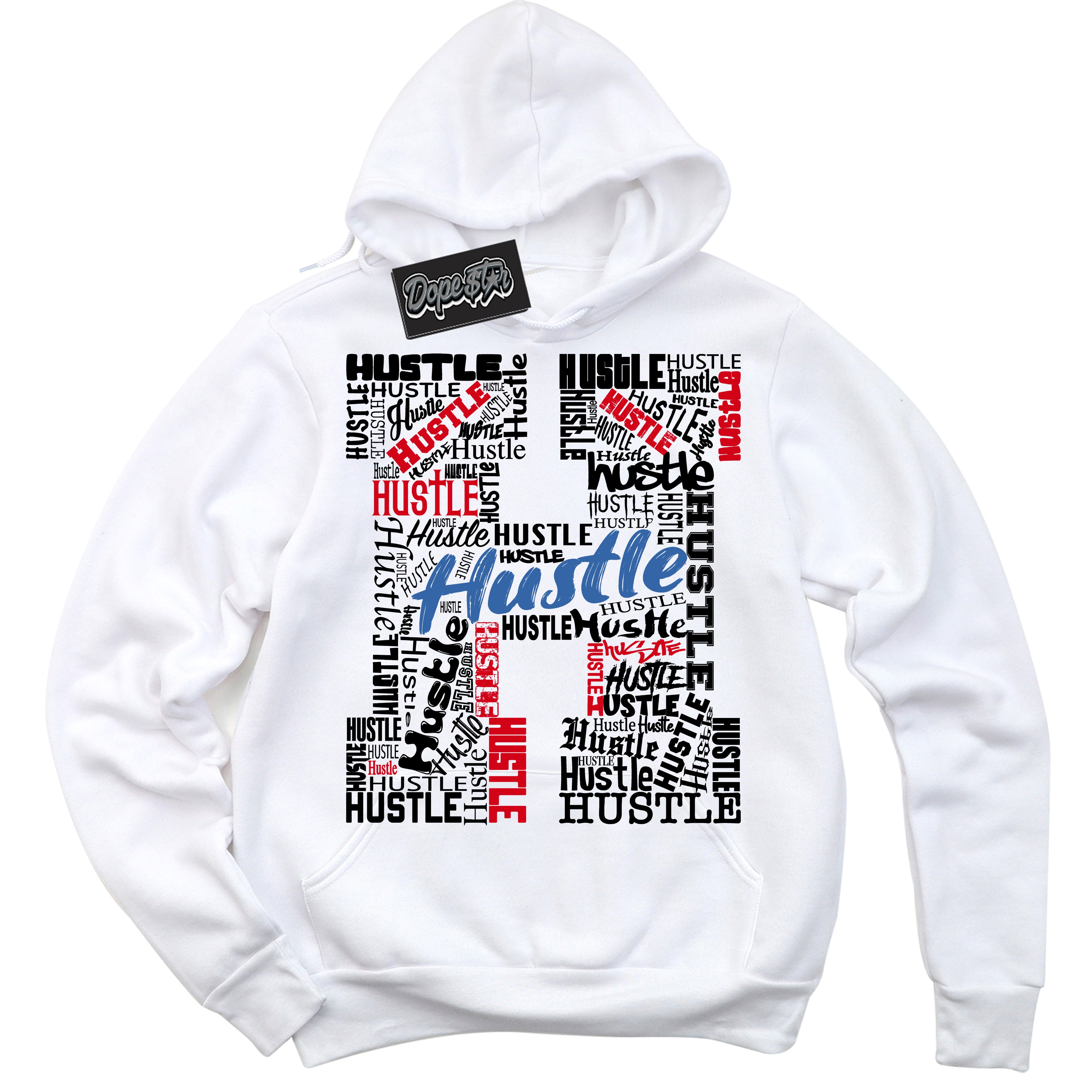 Cool White Hoodie with “ Hustle H ”  design that Perfectly Matches Industrial Blue Sashiko 1s Sneakers.
