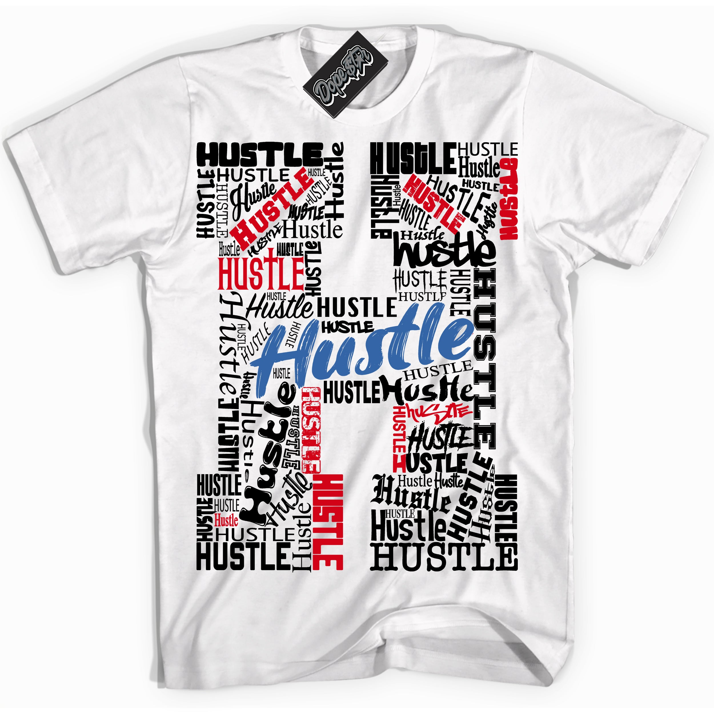 Cool White Shirt with “ Hustle H” design that perfectly matches Industrial Blue Sashiko 1s Sneakers.
