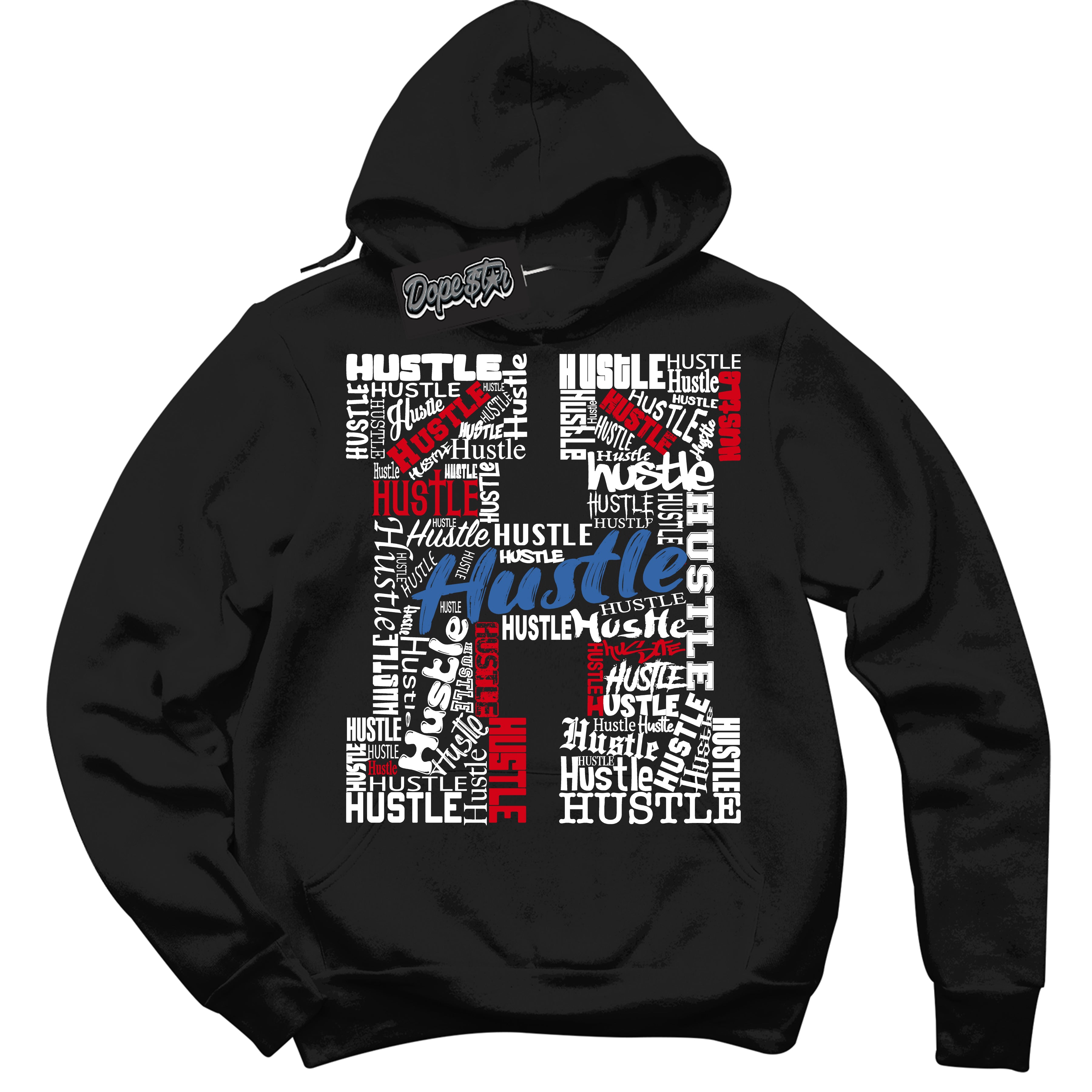 Cool Black Hoodie with “ Hustle H ”  design that Perfectly Matches Industrial Blue Sashiko 1s Sneakers.
