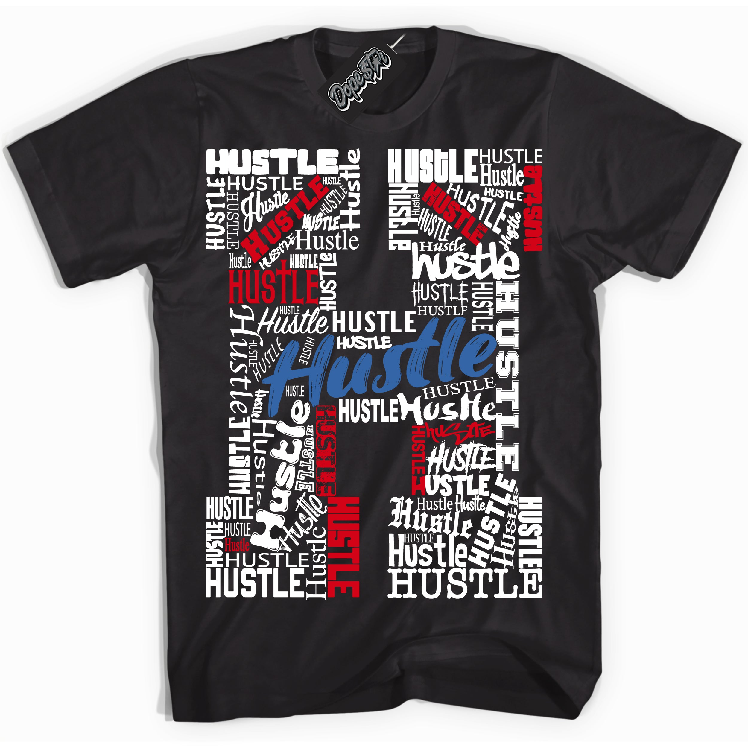 Cool Black Shirt with “ Hustle H” design that perfectly matches Industrial Blue Sashiko 1s Sneakers.
