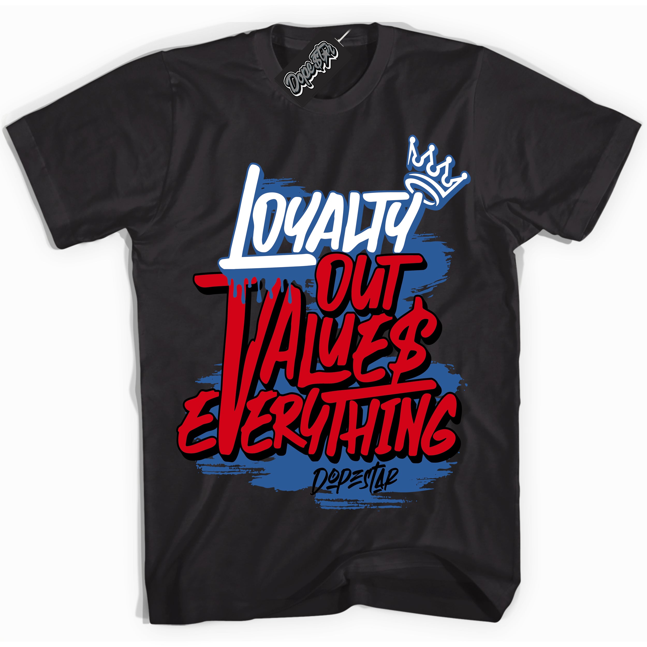 Cool Black Shirt with “ Loyalty Out Values Everything” design that perfectly matches Industrial Blue Sashiko 1s Sneakers.
