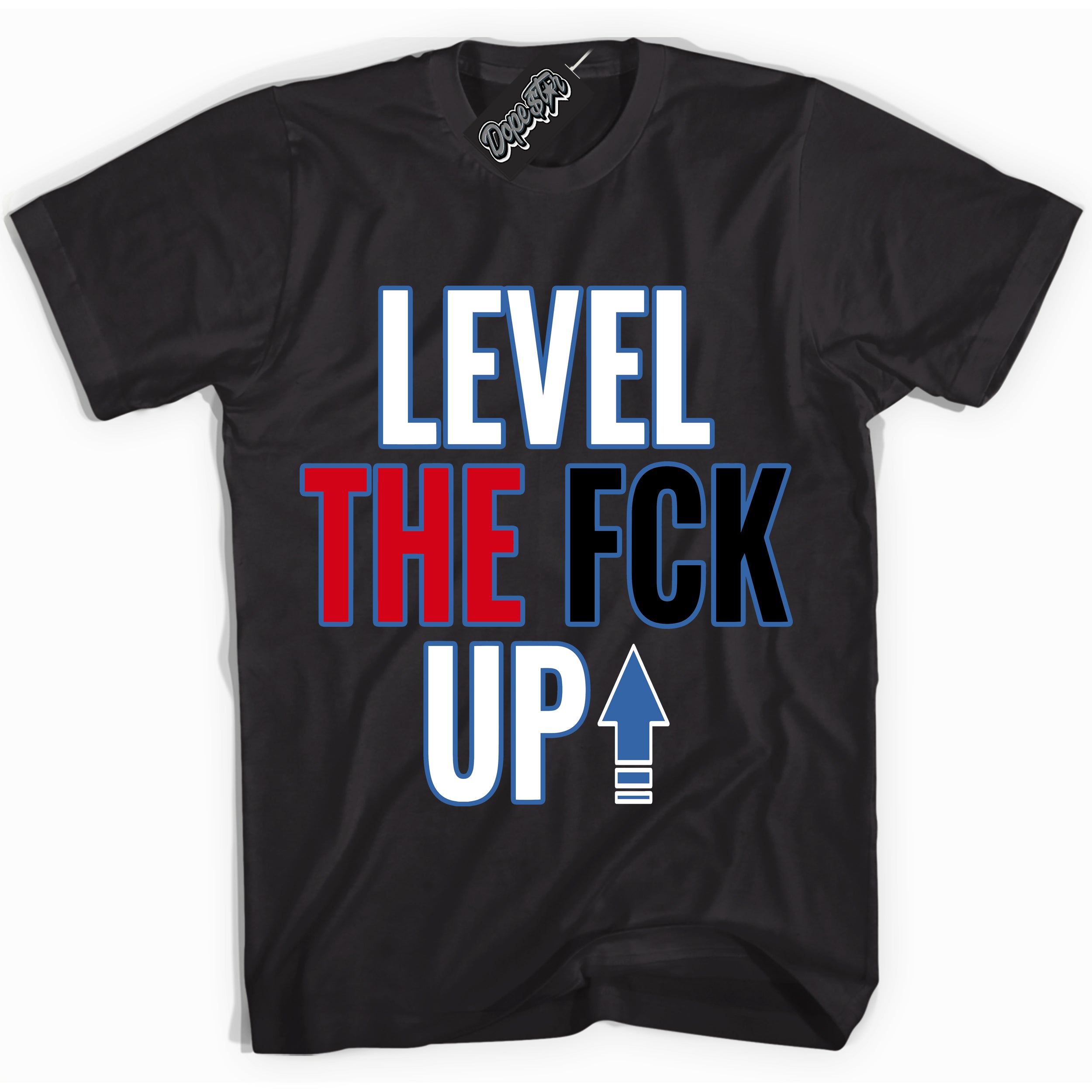 Cool Black Shirt with “ Level The Fck Up ” design that perfectly matches Industrial Blue Sashiko 1s Sneakers.
