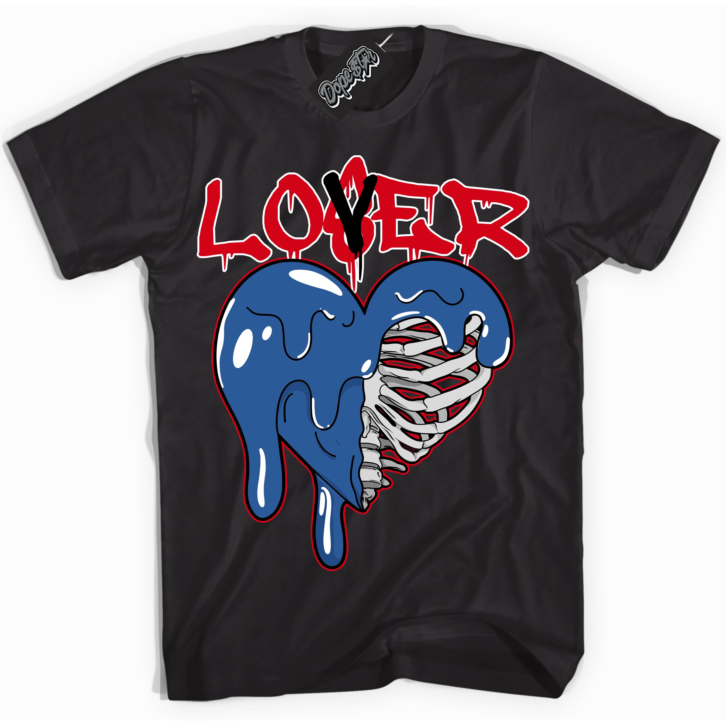 Cool Black Shirt with “ Lover Loser” design that perfectly matches Industrial Blue Sashiko 1s Sneakers.
