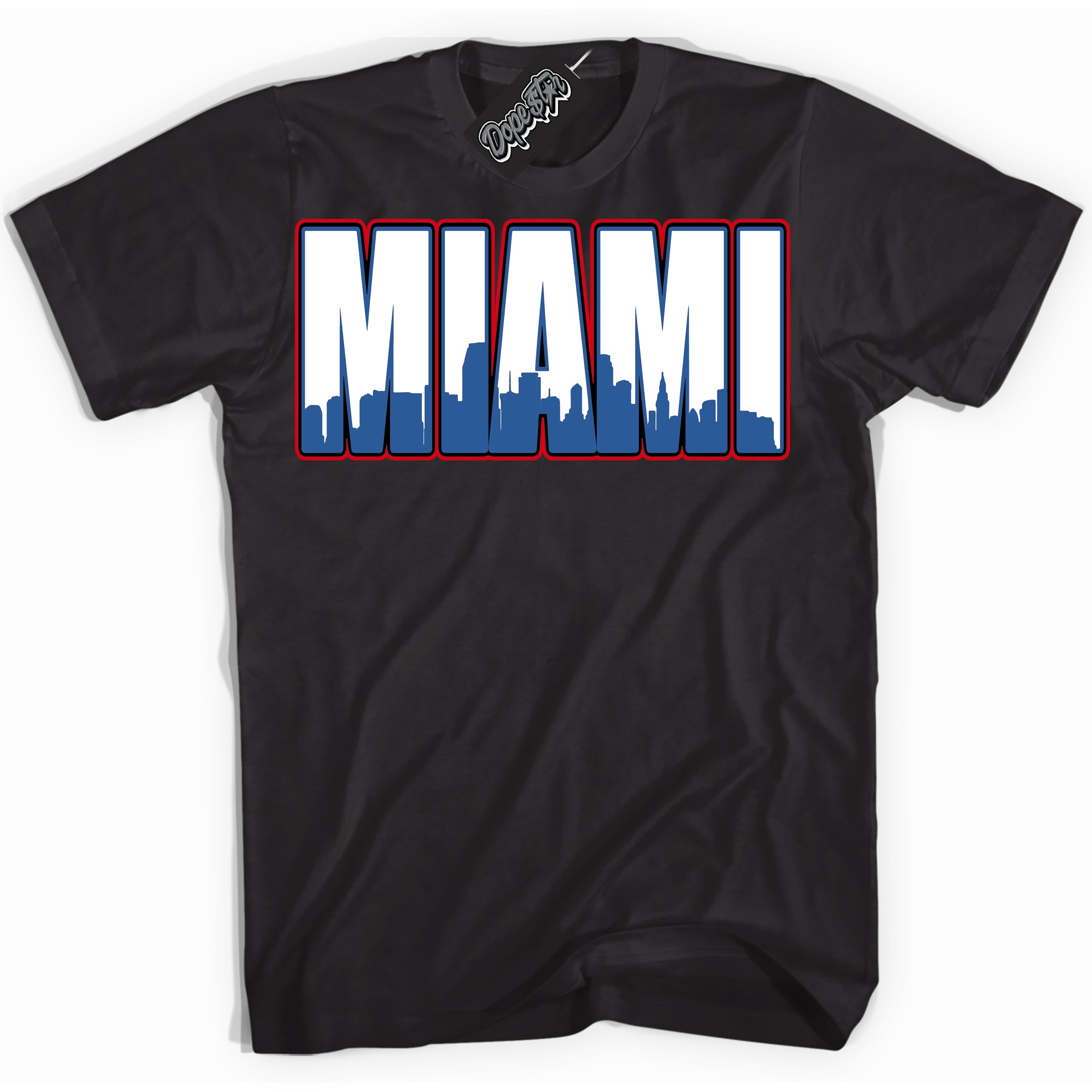 Cool Black Shirt with “ Miami” design that perfectly matches Industrial Blue Sashiko 1s Sneakers.