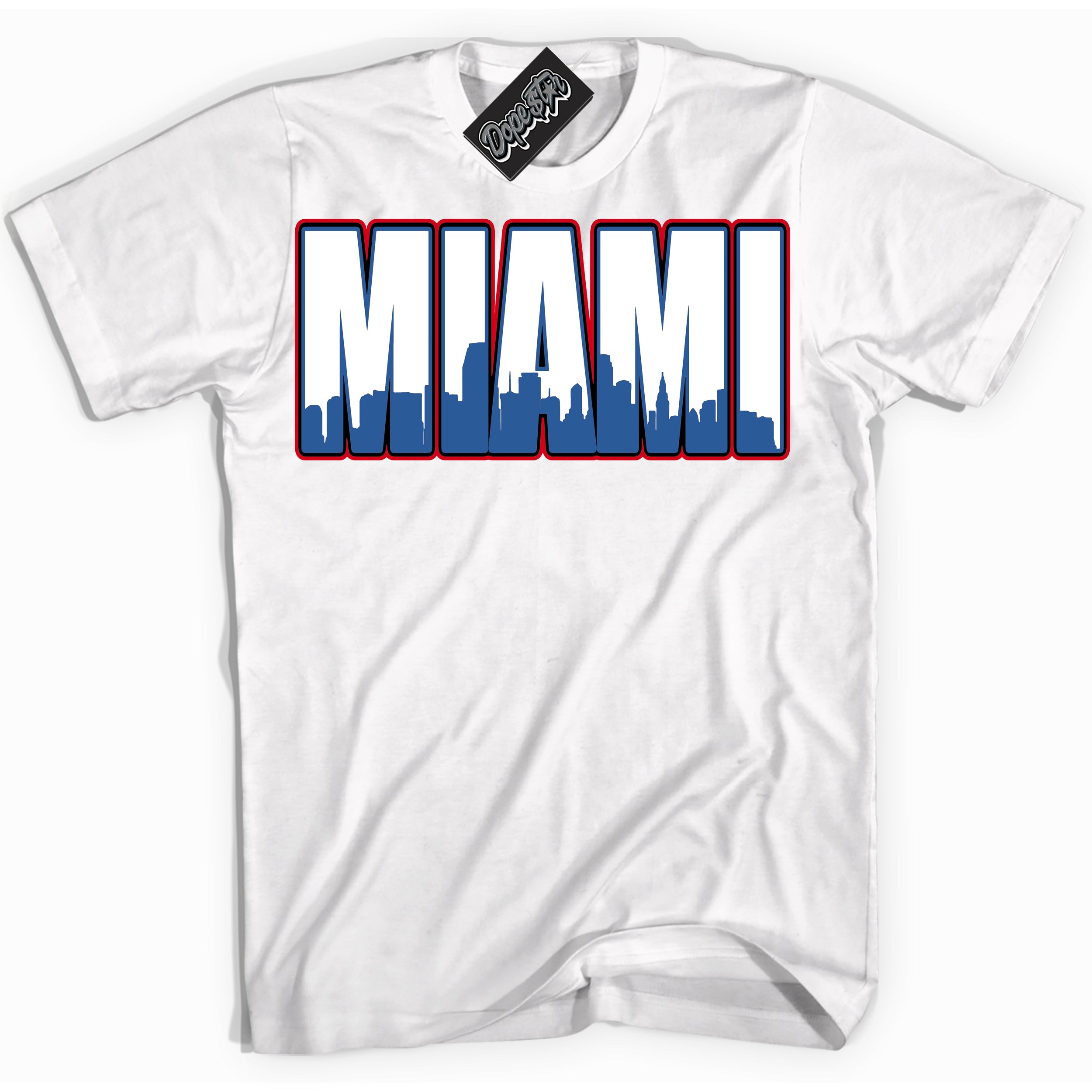 Cool White Shirt with “ Miami” design that perfectly matches Industrial Blue Sashiko 1s Sneakers.