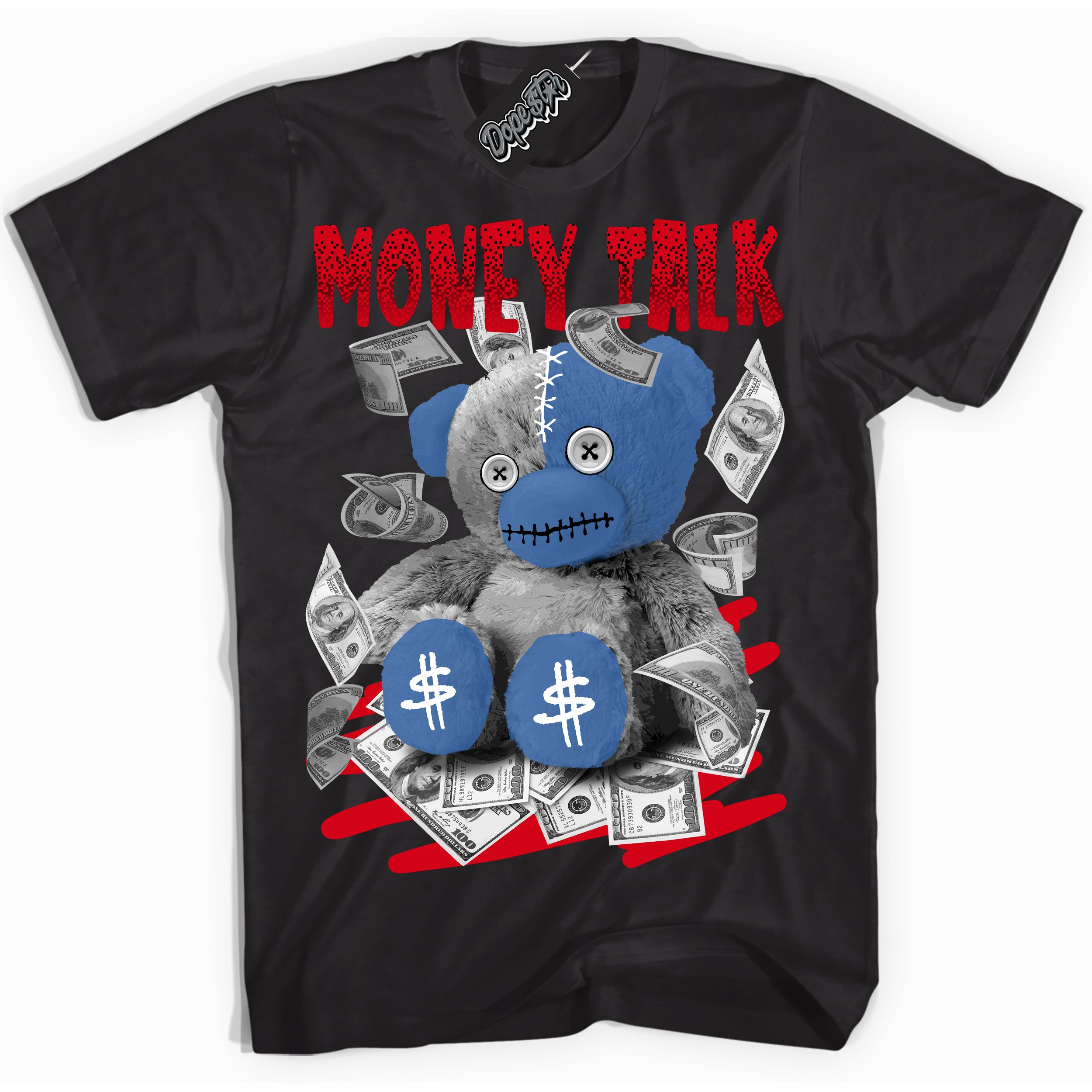 Cool Black Shirt with “ Money Talk Bear ” design that perfectly matches Industrial Blue Sashiko 1s Sneakers.
