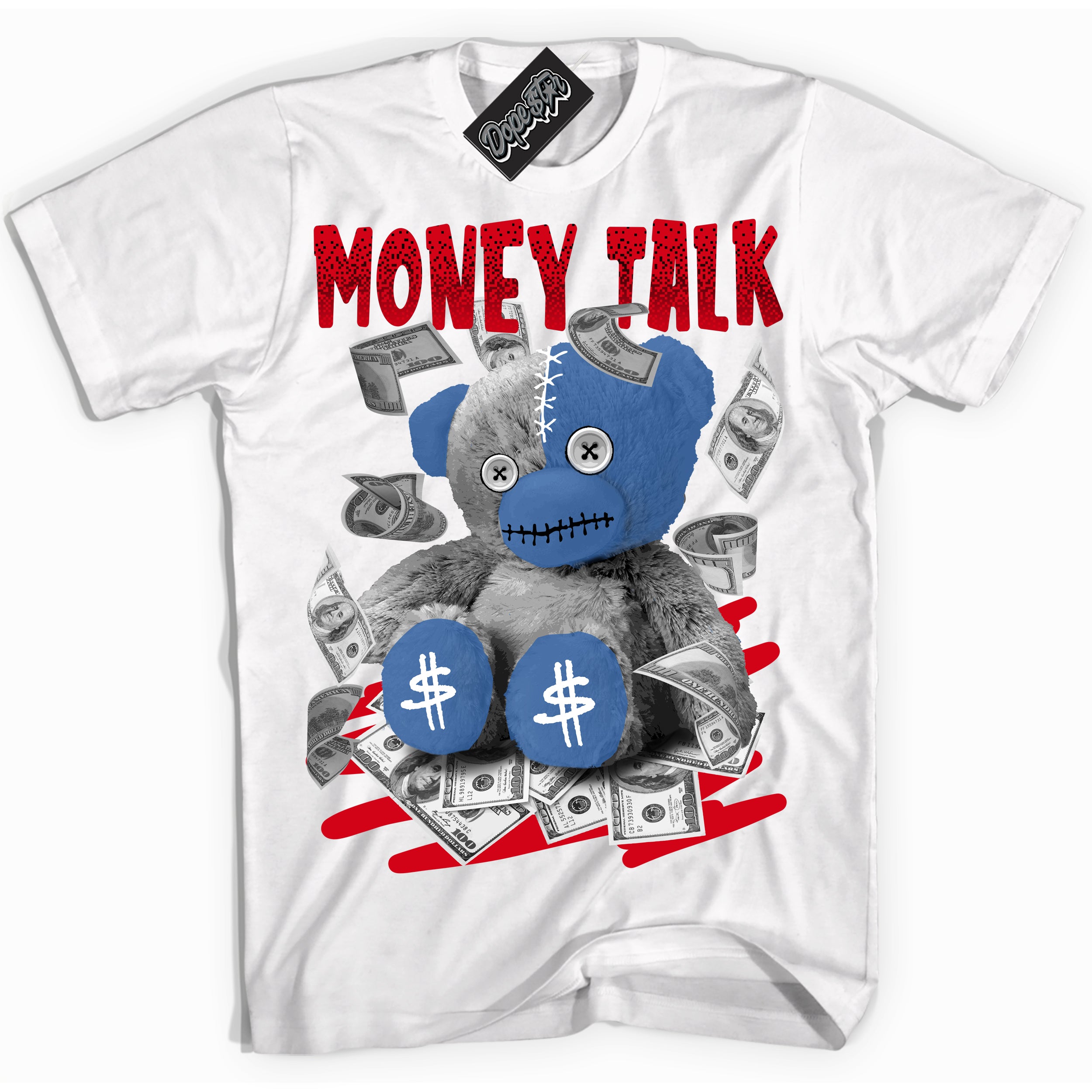 Cool White Shirt with “ Money Talk Bear ” design that perfectly matches Industrial Blue Sashiko 1s Sneakers.