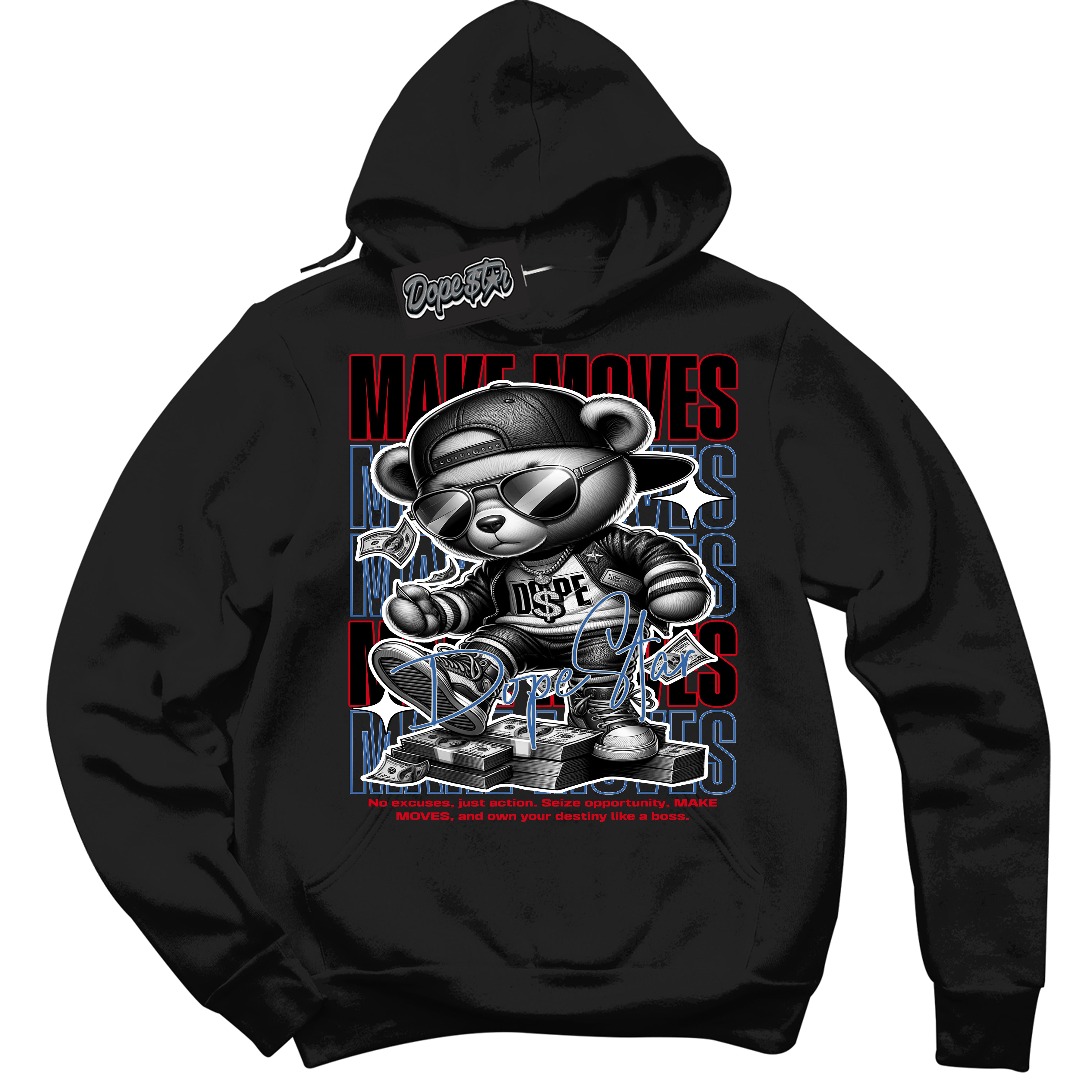 Cool Black Hoodie with “ Makin Moves ”  design that Perfectly Matches Industrial Blue Sashiko 1s Sneakers.