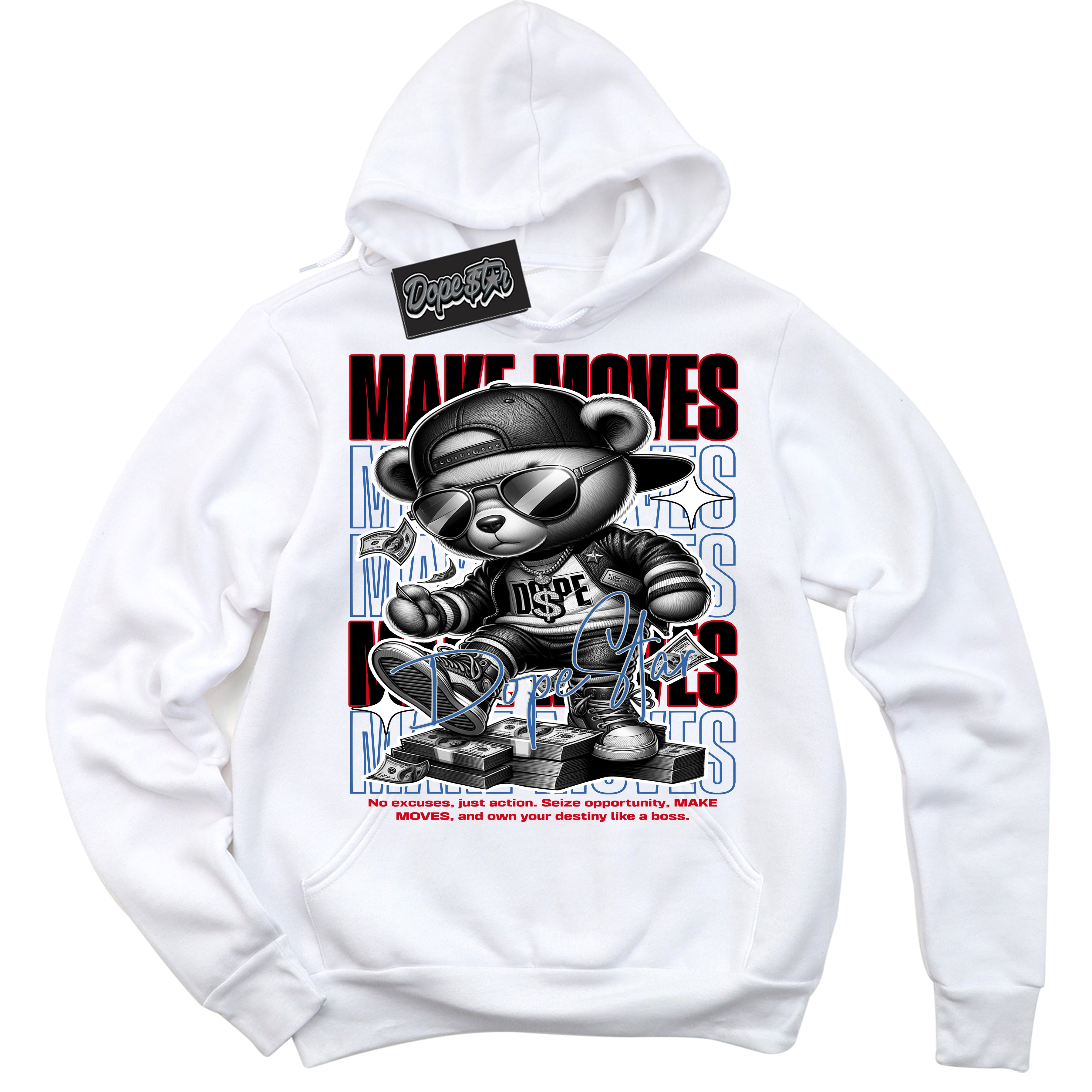 Cool White Hoodie with “ Makin Moves ”  design that Perfectly Matches Industrial Blue Sashiko 1s Sneakers.