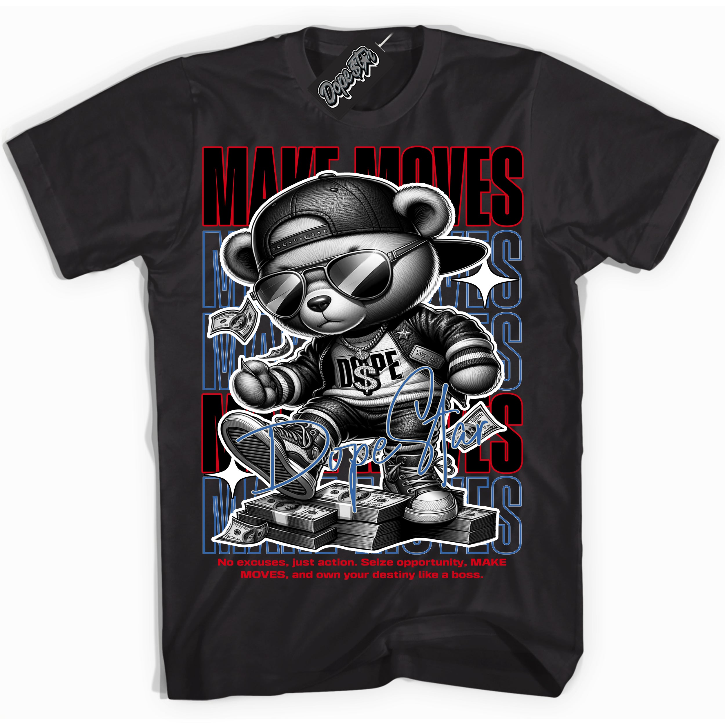 Cool Black Shirt with “ Makin Moves” design that perfectly matches Industrial Blue Sashiko 1s Sneakers.